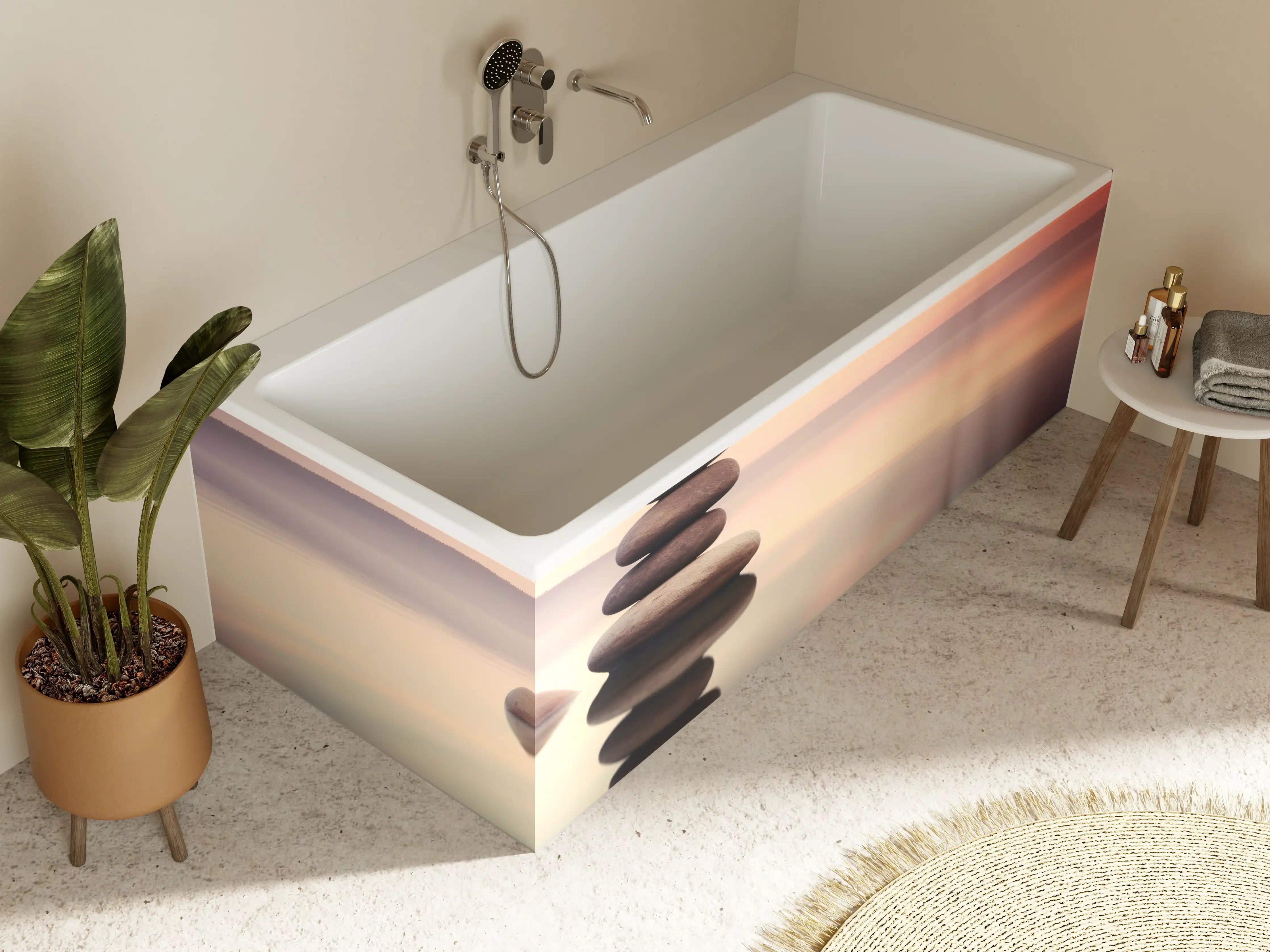 Badewannen-Rückwand - Zen-Steine am rosa Sonnenuntergang