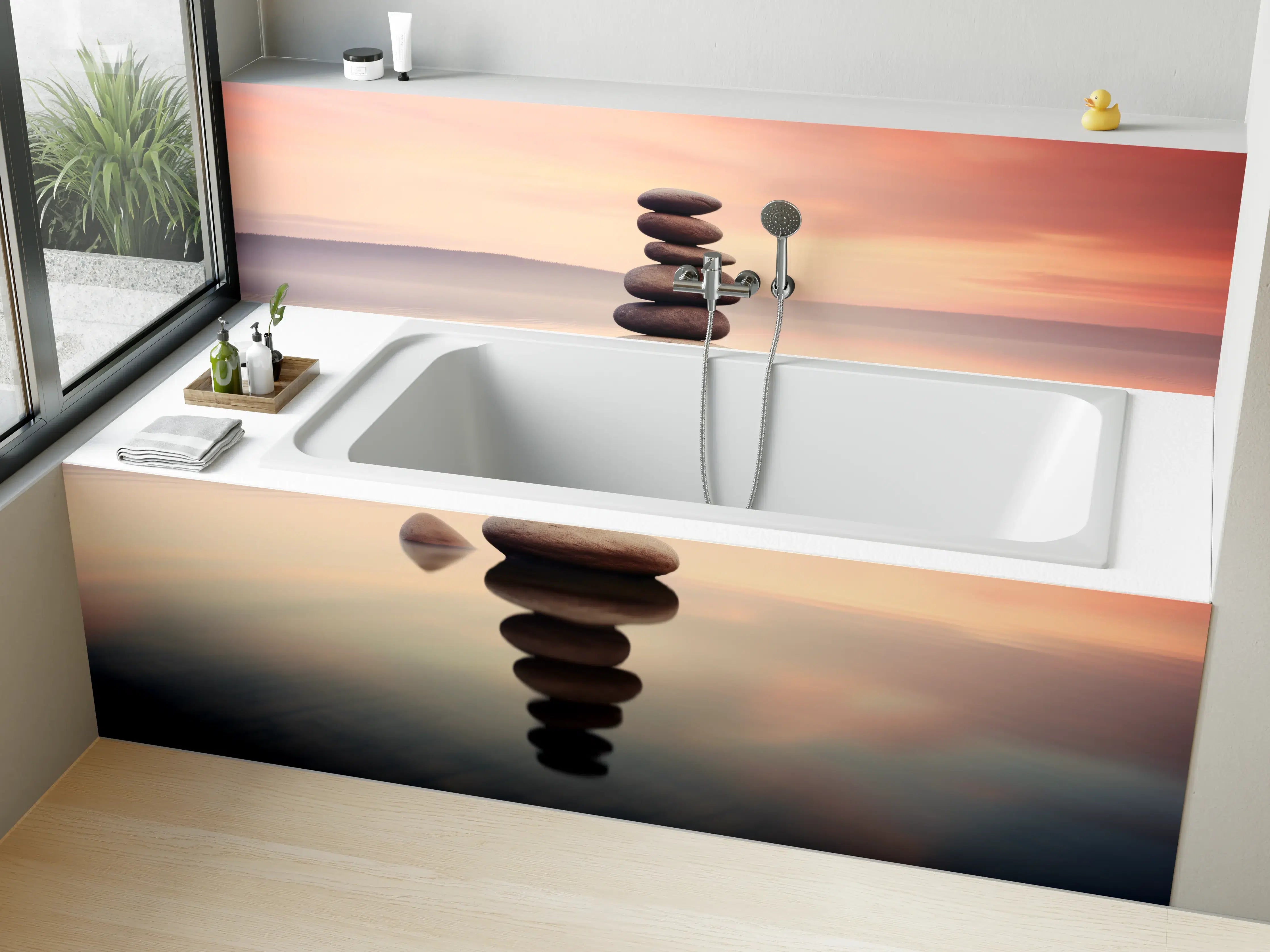 Badewannen-Rückwand - Zen-Steine am rosa Sonnenuntergang
