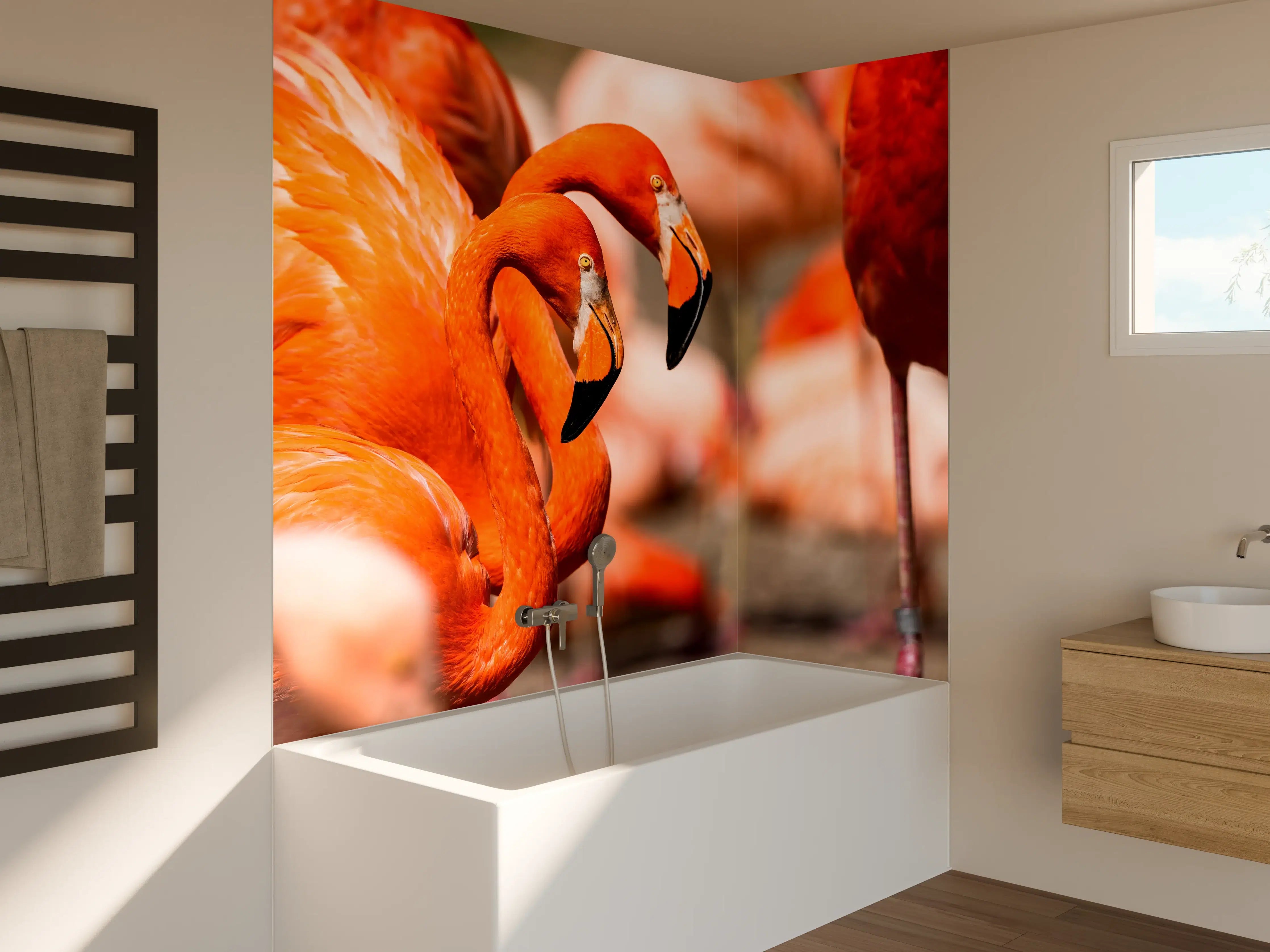 Badewannen-Rückwand - Zwei Flamingos in der Herde