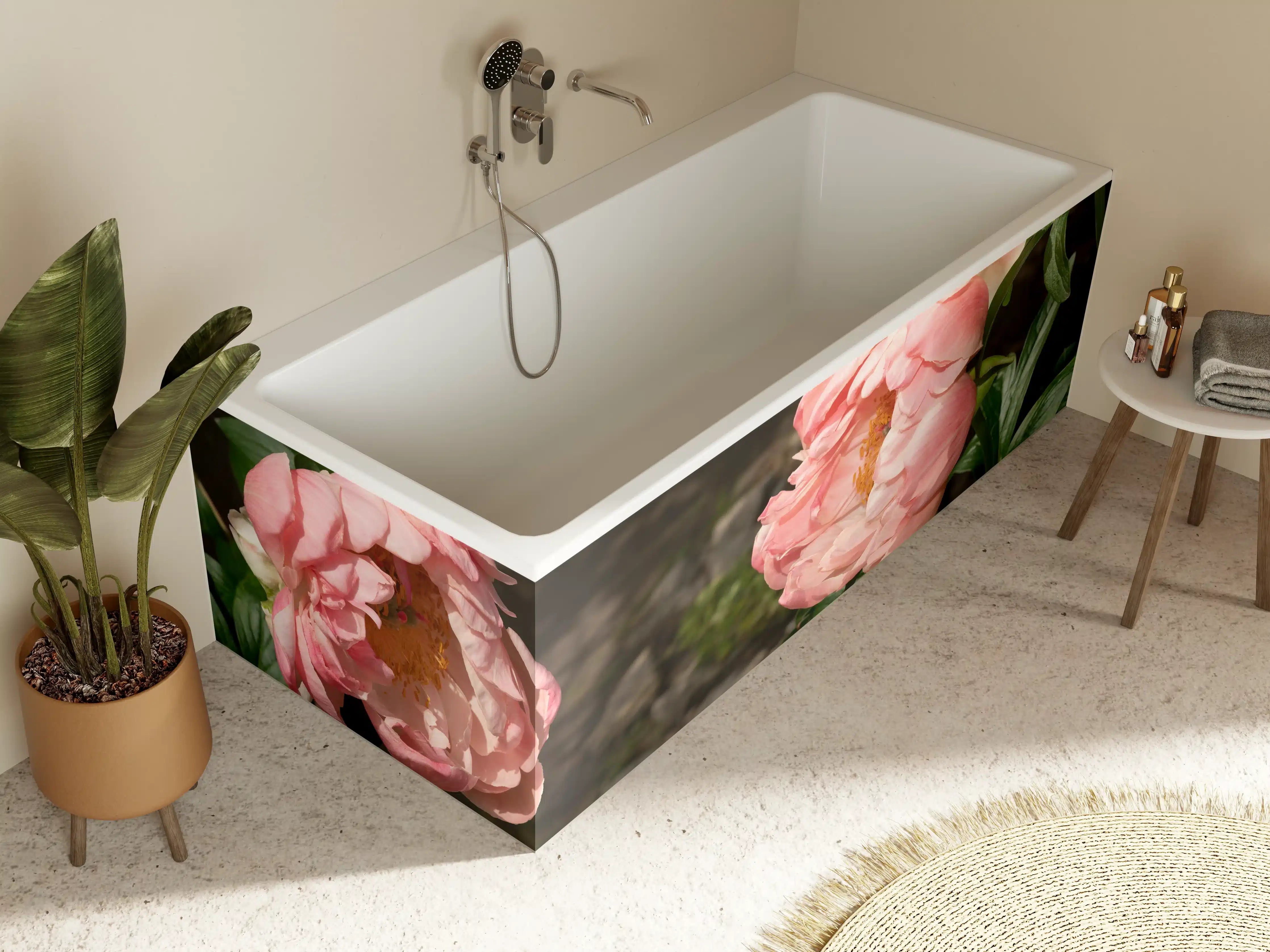 Badewannen-Rückwand - Zwei rosa Pfingstrosen in einem alten Garten.