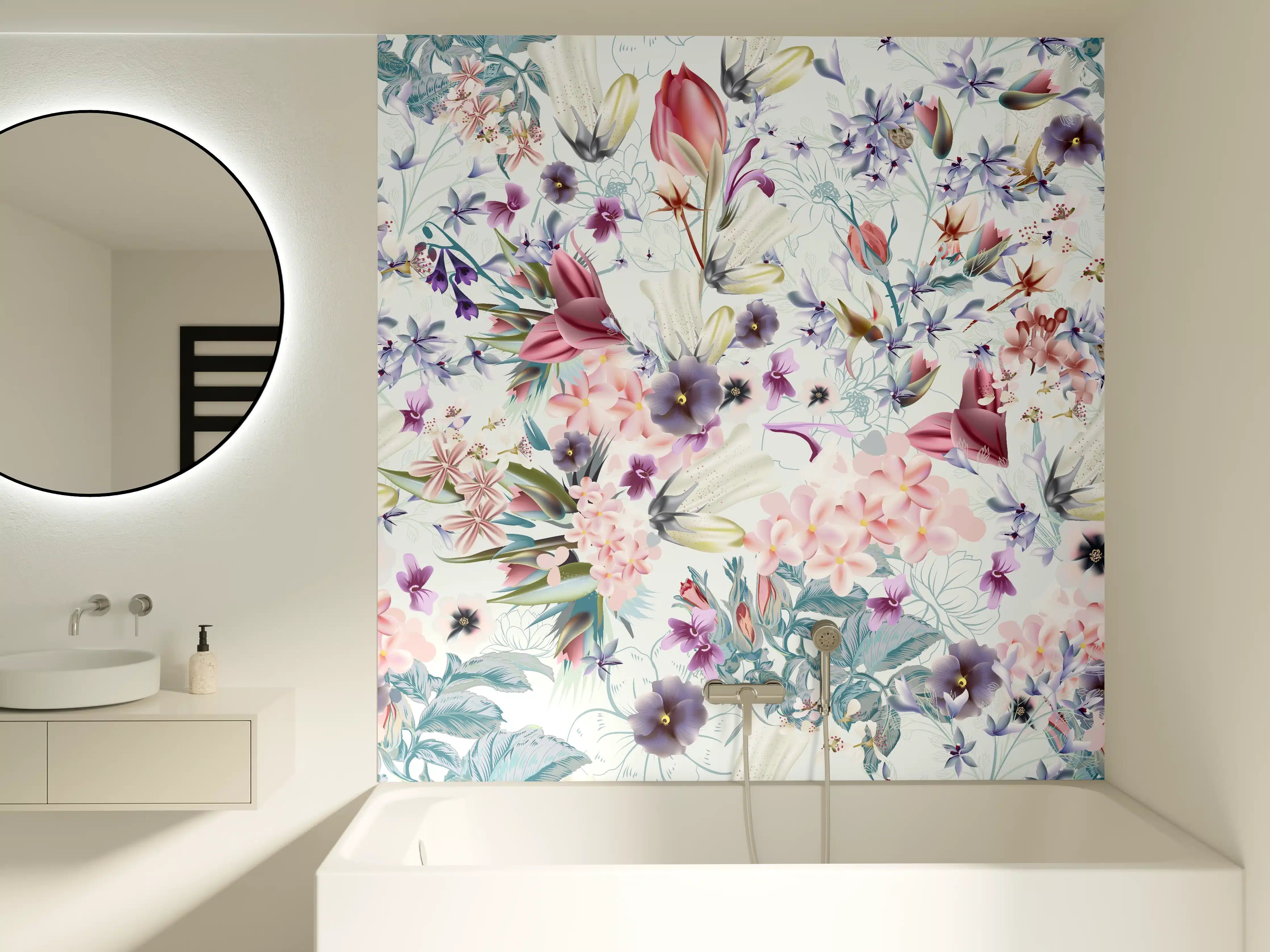 Badewannen-Rückwand - 'Helle Blumenmuster in Pastellfarben mit zarten Graunuancen'