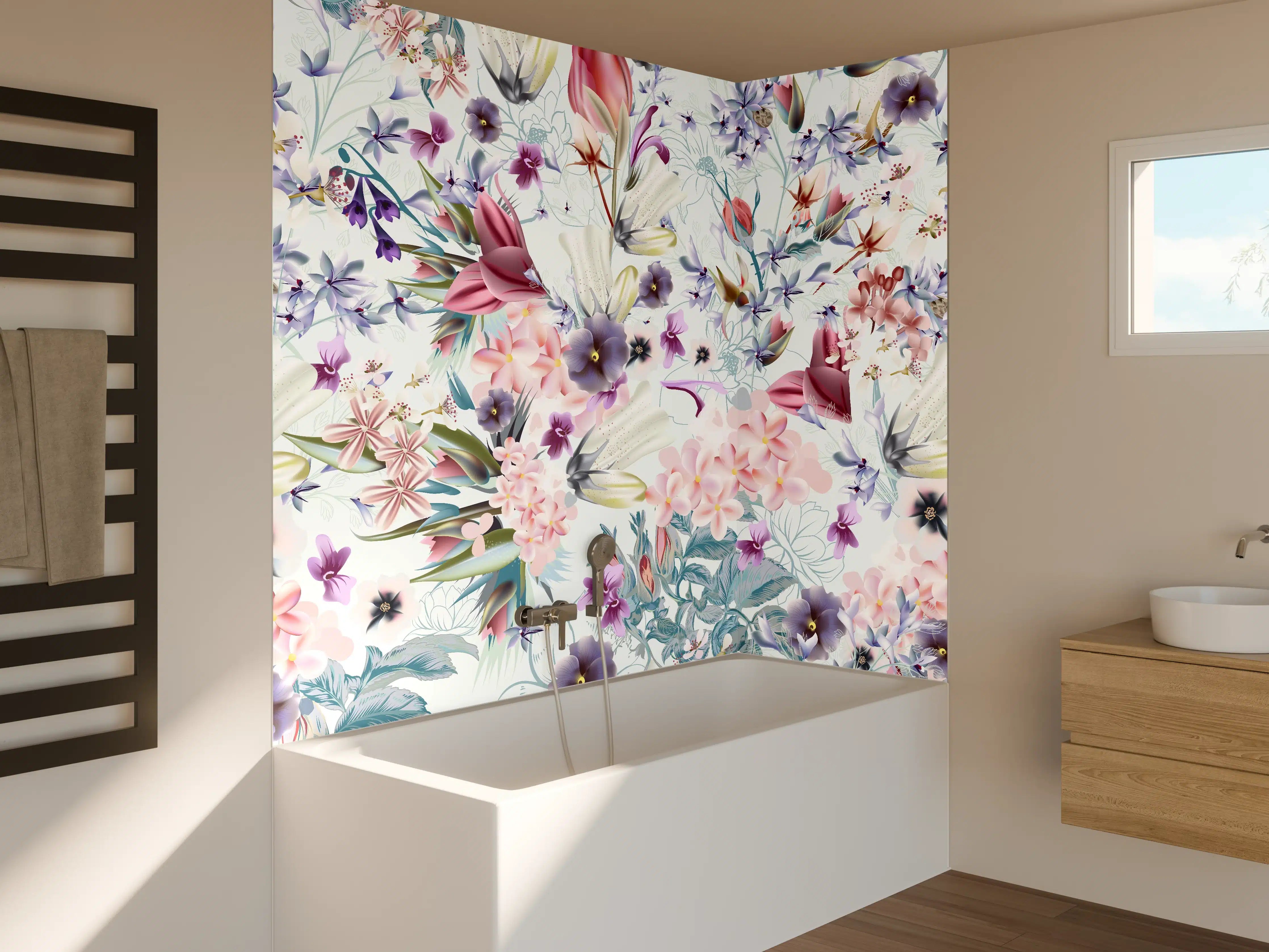 Badewannen-Rückwand - 'Helle Blumenmuster in Pastellfarben mit zarten Graunuancen'