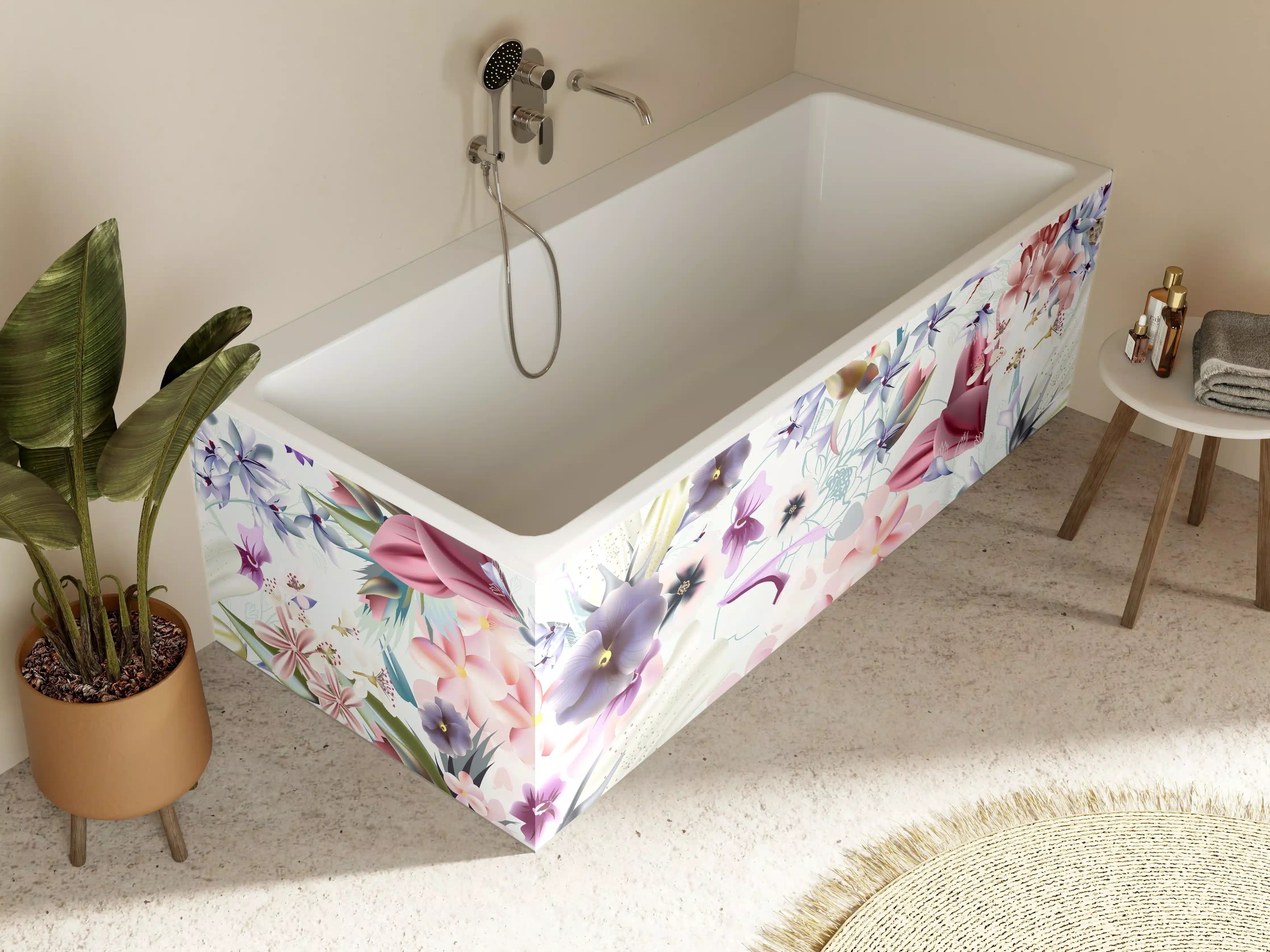 Badewannen-Rückwand - 'Helle Blumenmuster in Pastellfarben mit zarten Graunuancen'