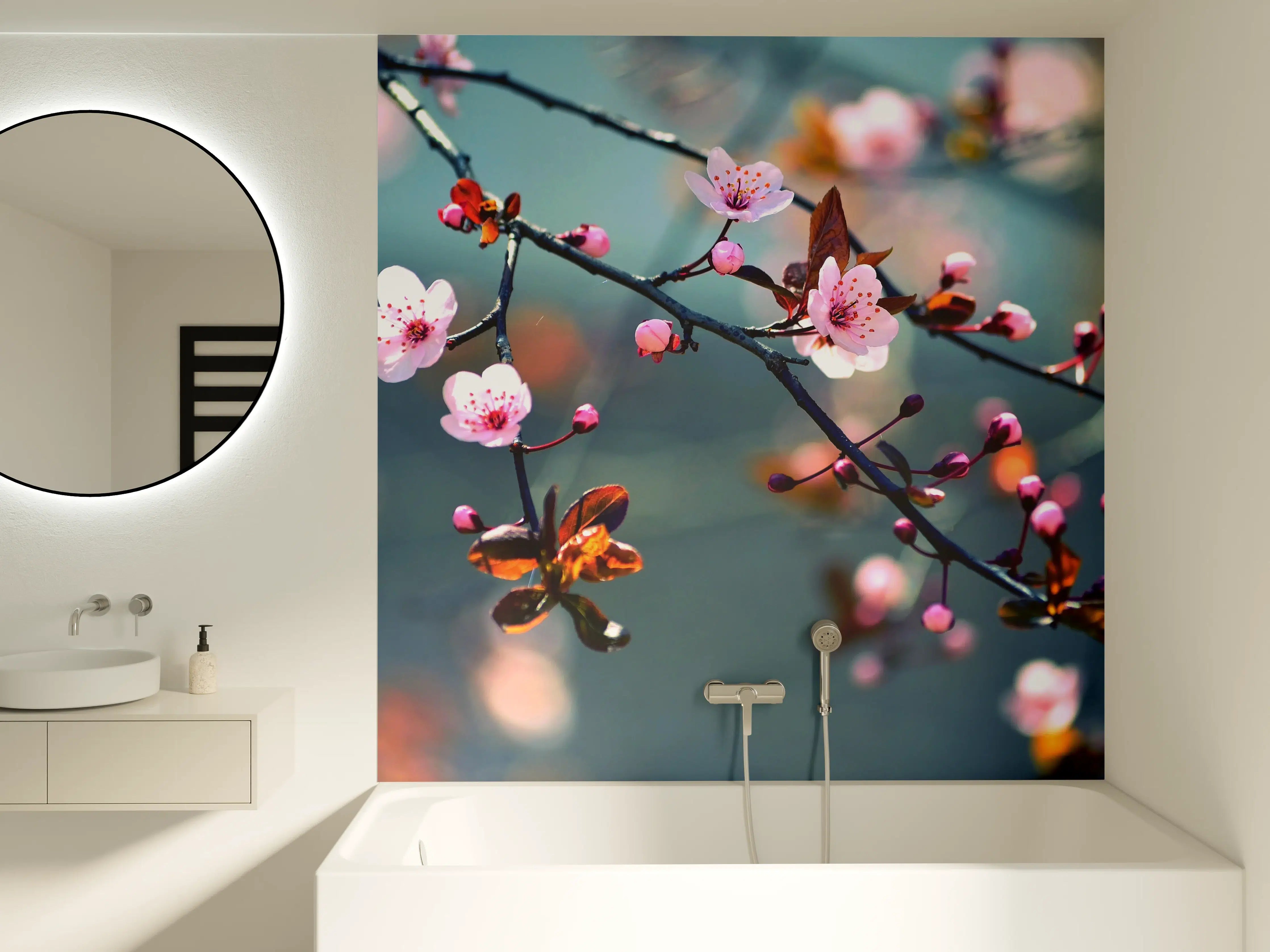Badewannen-Rückwand - blühender japanischer Kirchblütenbaum