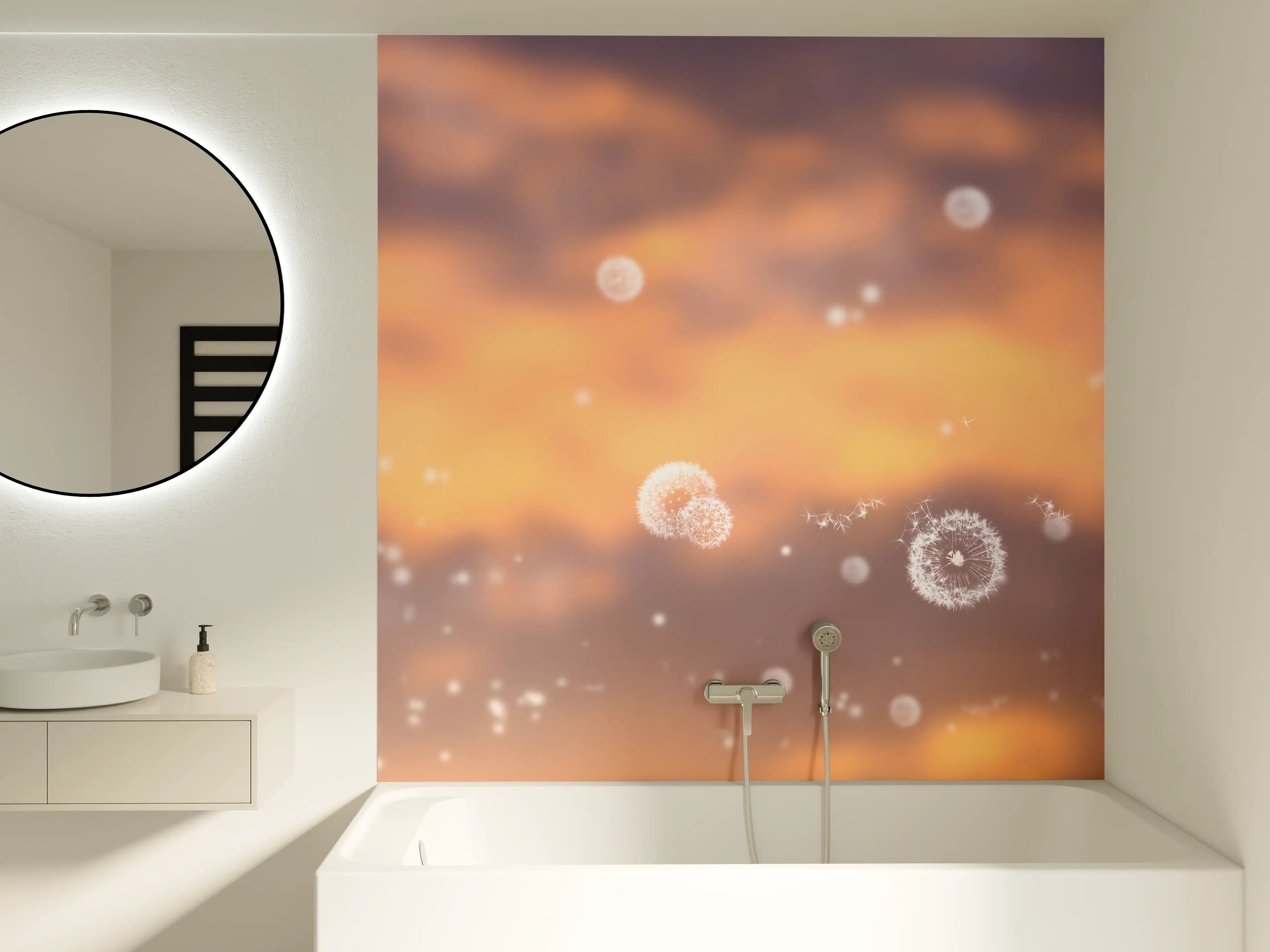 Badewannen-Rückwand - blütenstaub von pusteblumen in der abendsonne