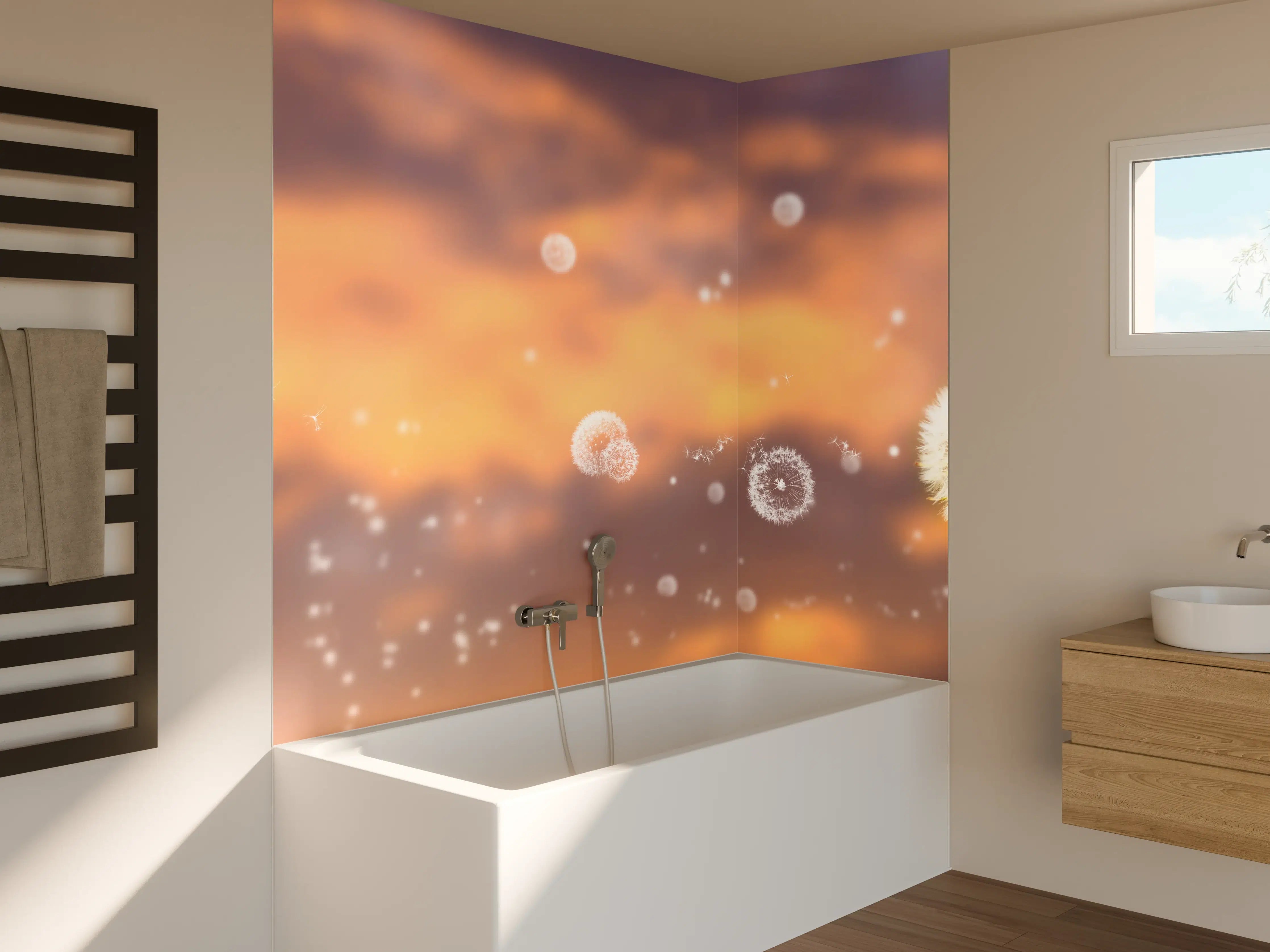 Badewannen-Rückwand - blütenstaub von pusteblumen in der abendsonne