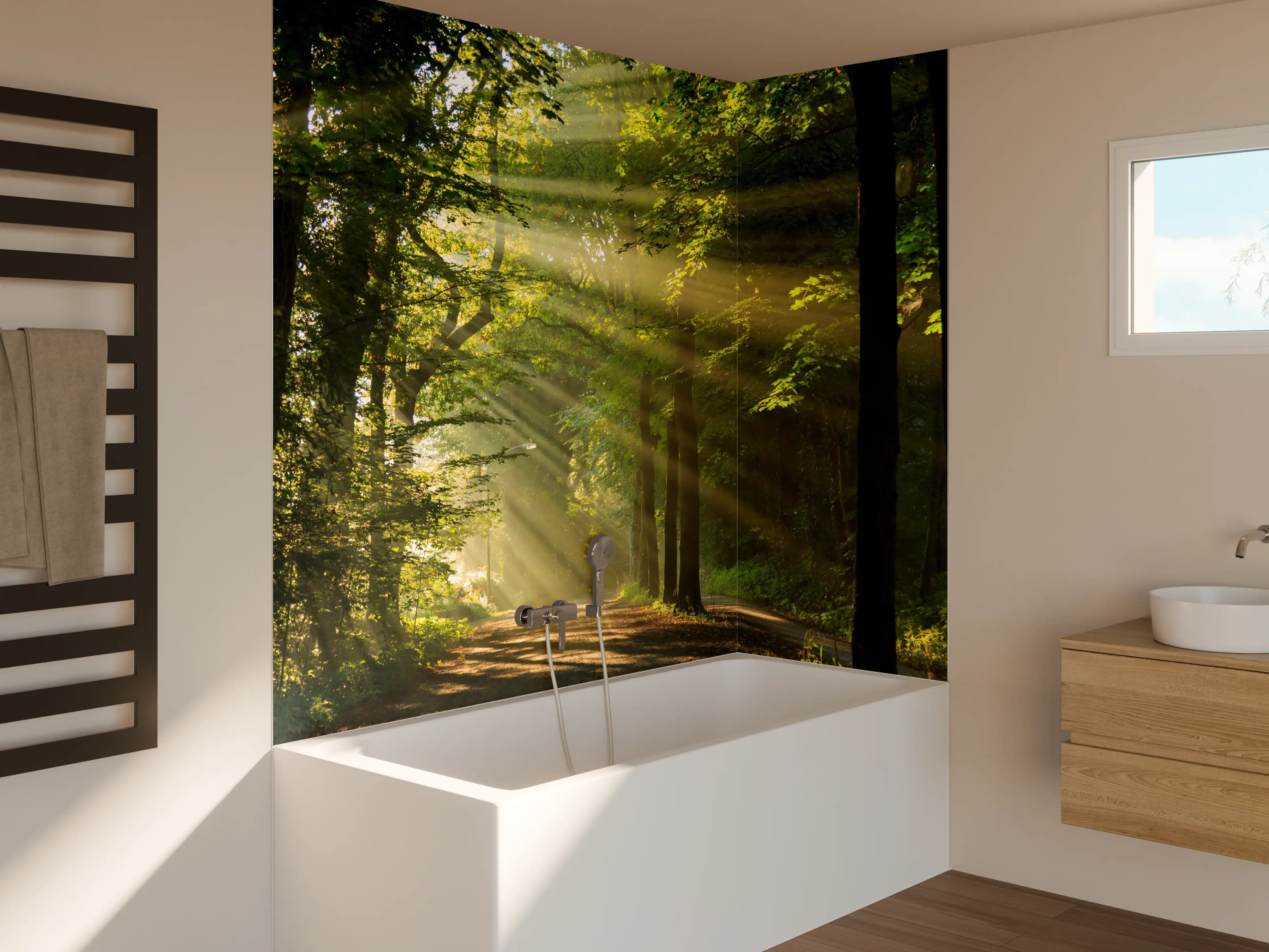 Badewannen-Rückwand - erleuchtende Sonnenstrahlen in den Wald 