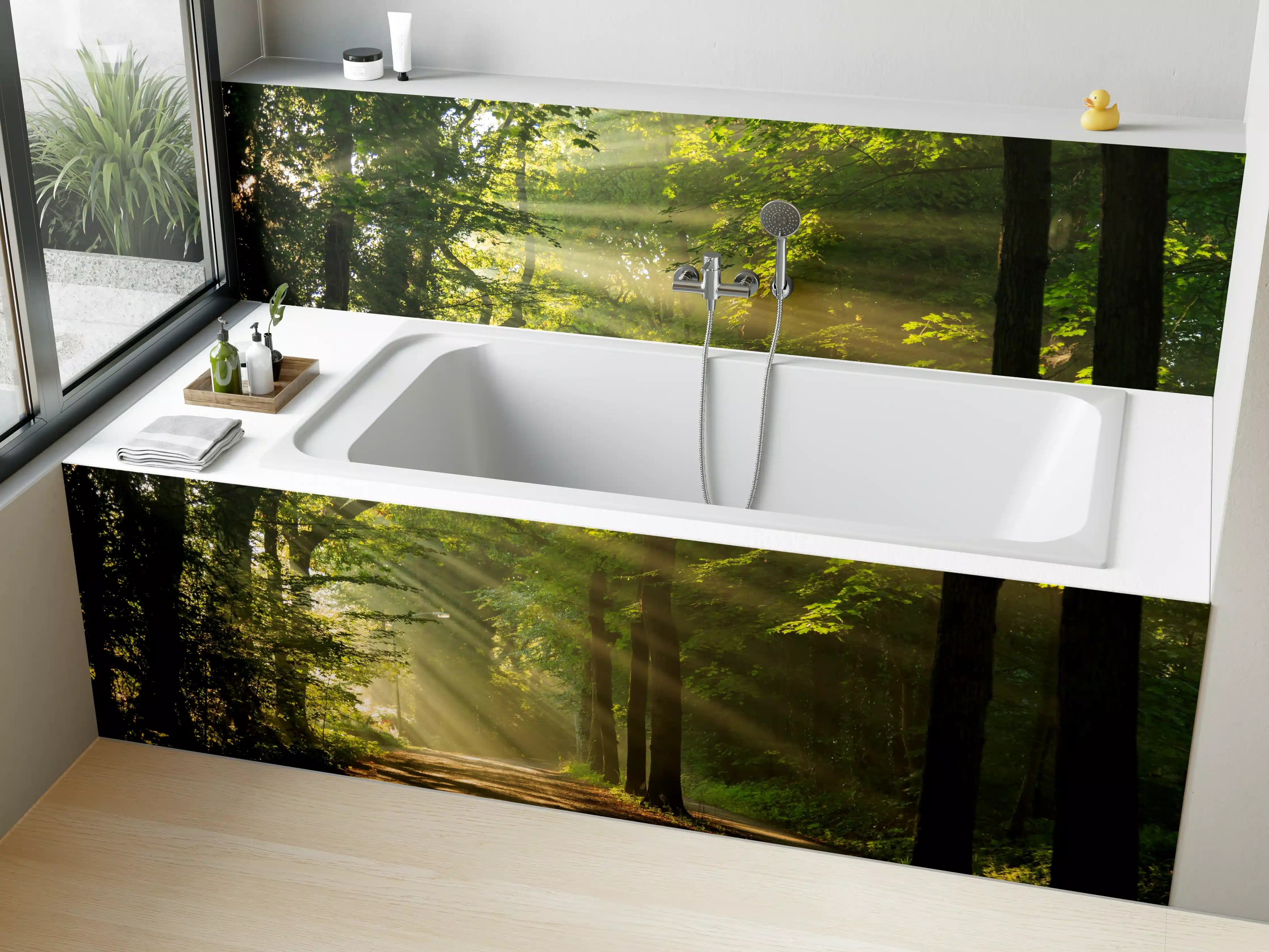 Badewannen-Rückwand - erleuchtende Sonnenstrahlen in den Wald 