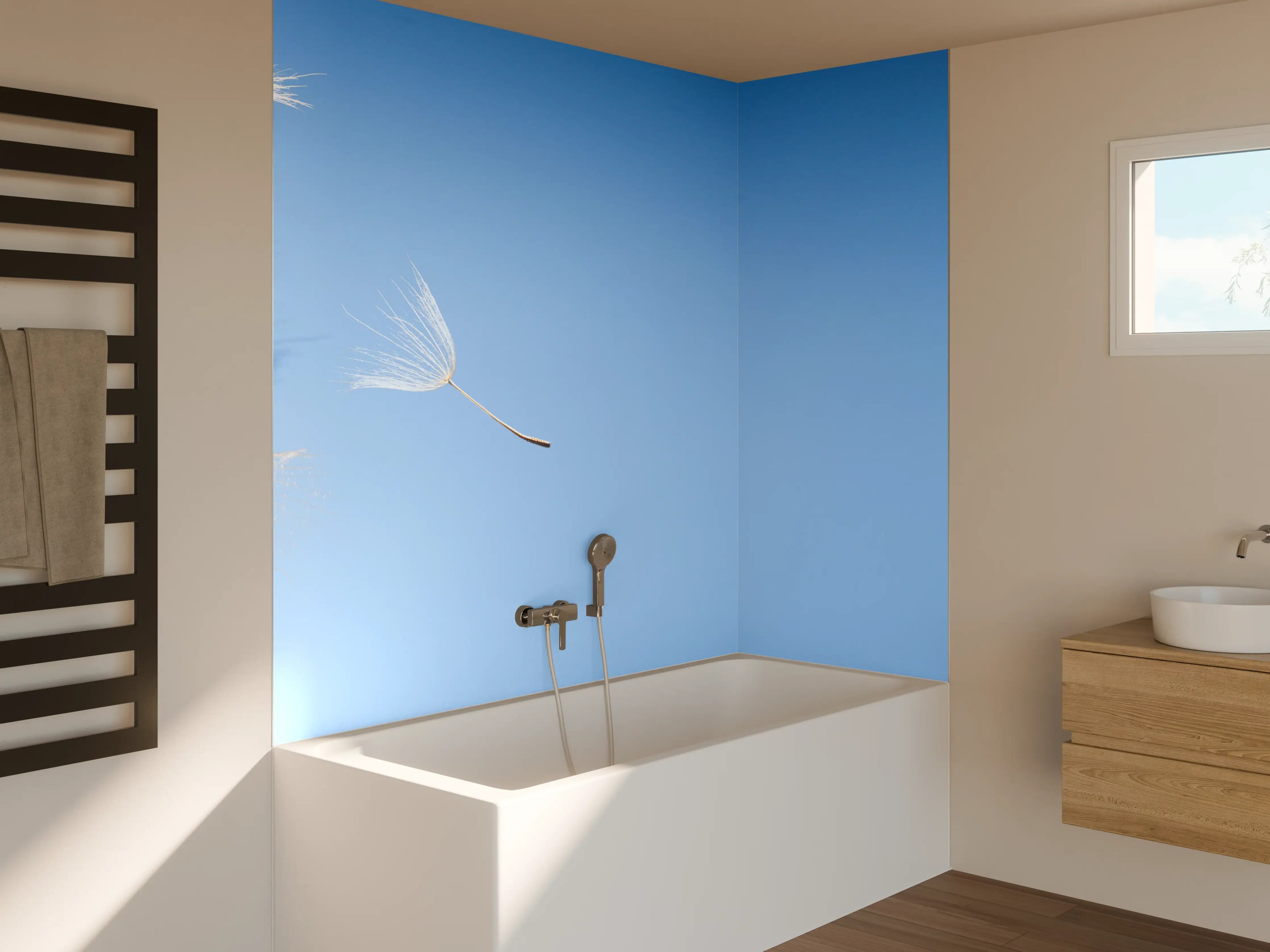 Badewannen-Rückwand - fliegende Löwenzahnsamen im Wind