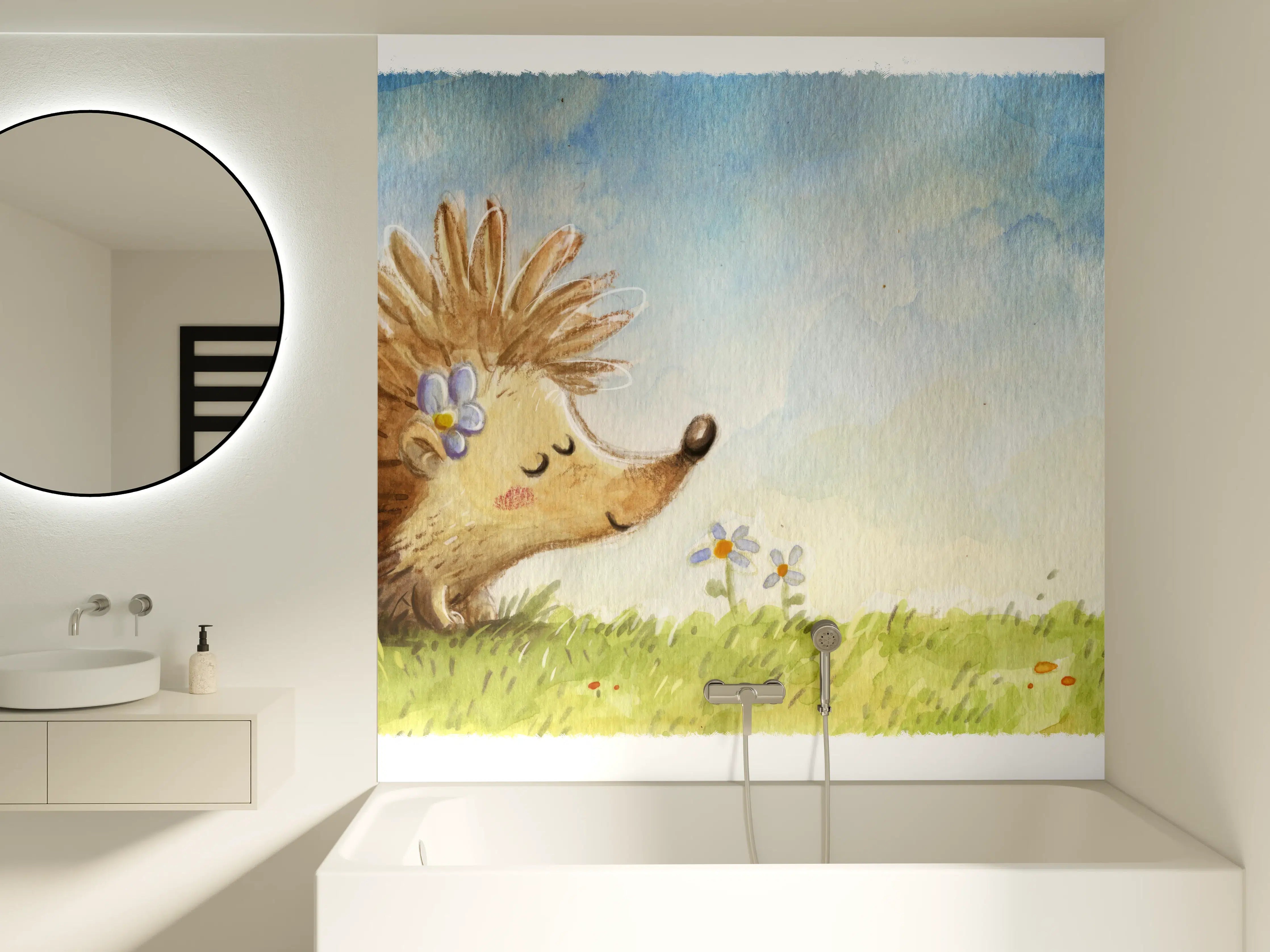Badewannen-Rückwand - fröhlicher Igel auf einer Wiese
