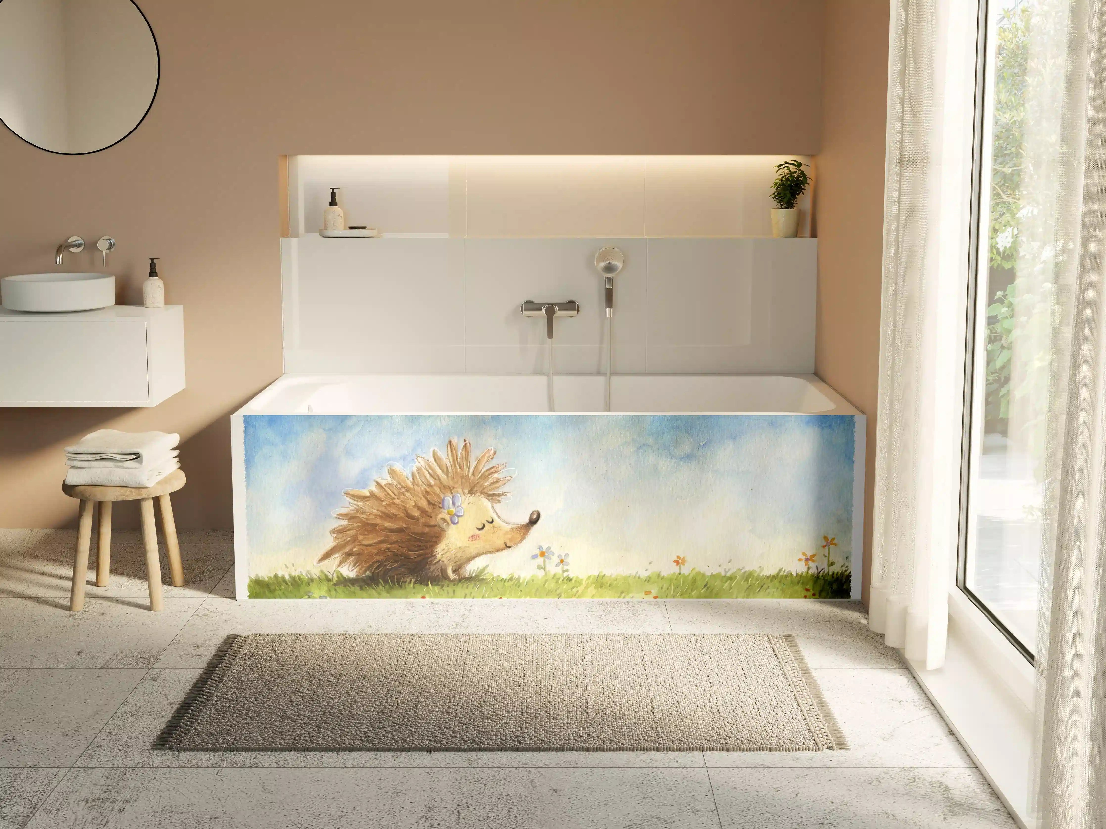 Badewannen-Rückwand - fröhlicher Igel auf einer Wiese