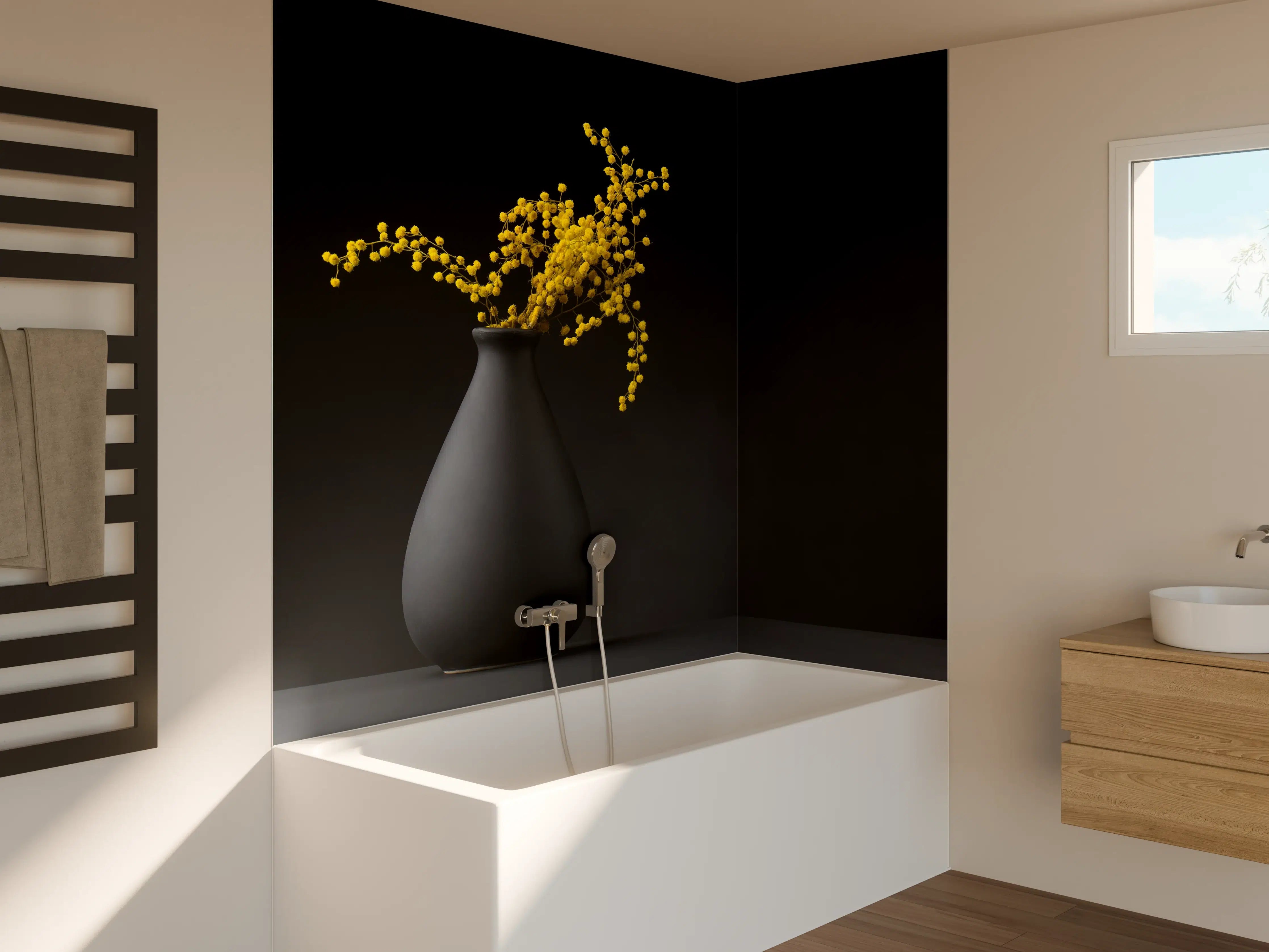 Badewannen-Rückwand - gelbe Blume auf der gräulichen Vase