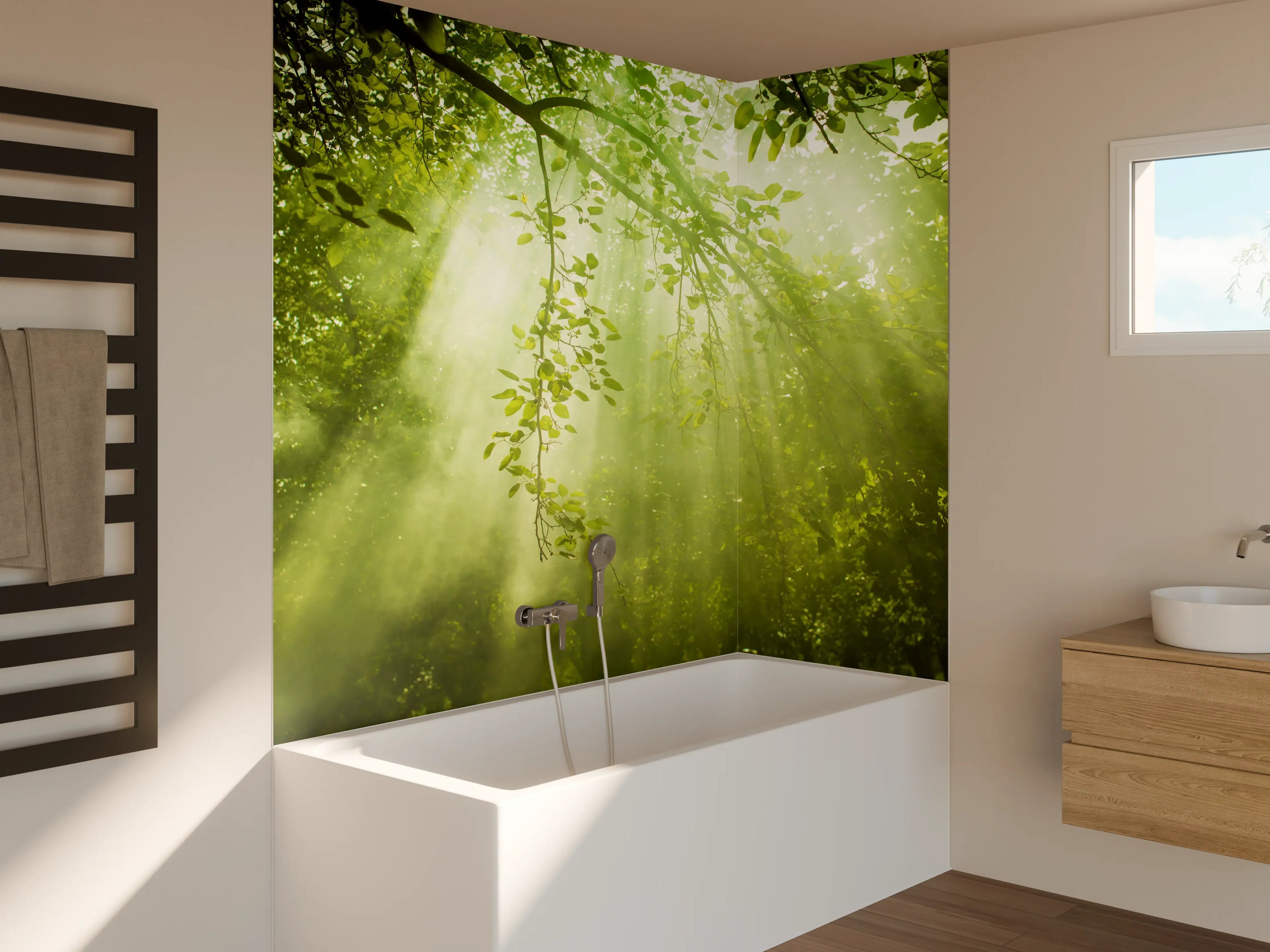 Badewannen-Rückwand - mystischer Grüner Wald mit Sonnenstrahl