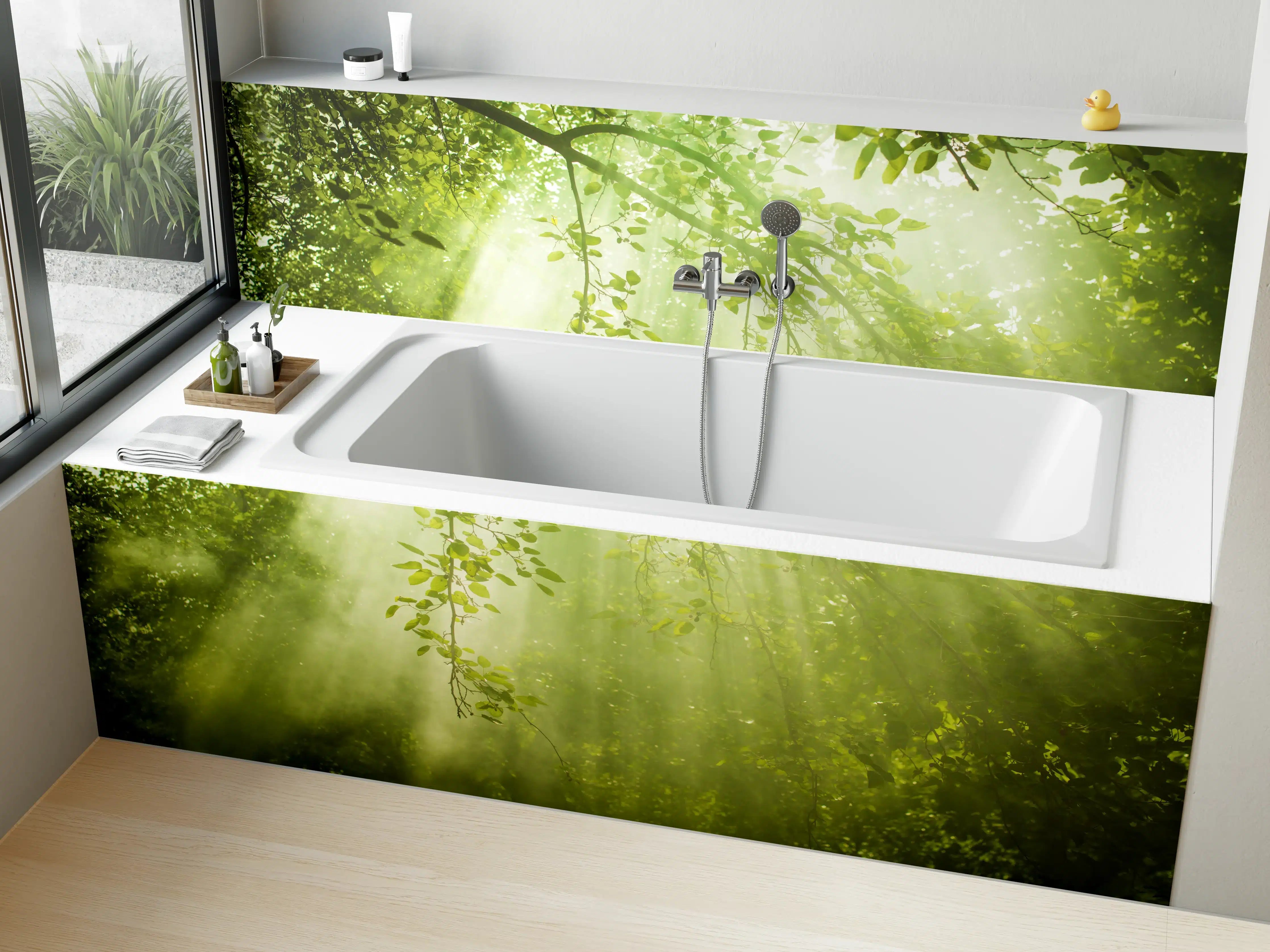 Badewannen-Rückwand - mystischer Grüner Wald mit Sonnenstrahl