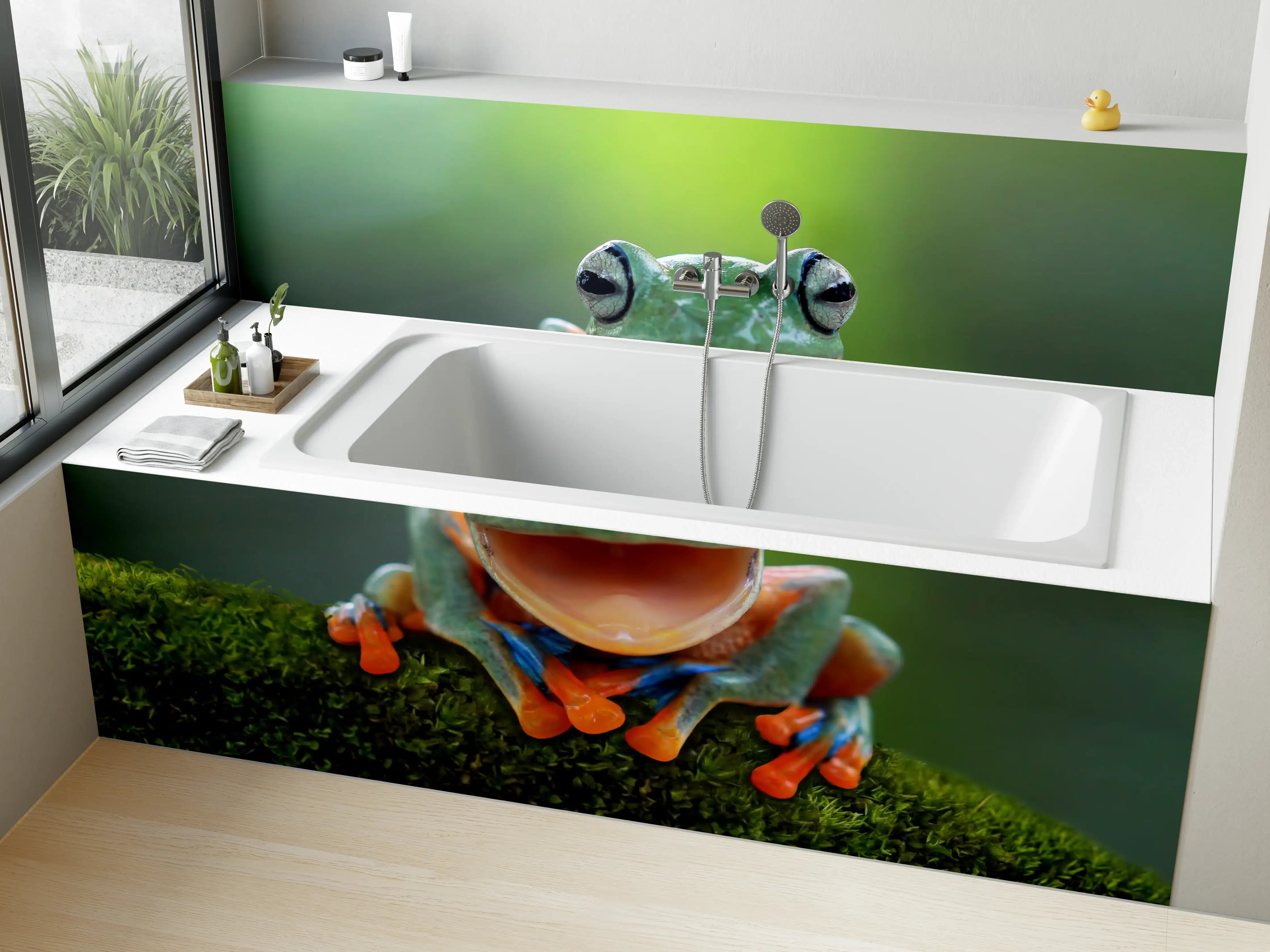 Badewannen-Rückwand - niedlicher Laubfrosch in Nahaufnahme