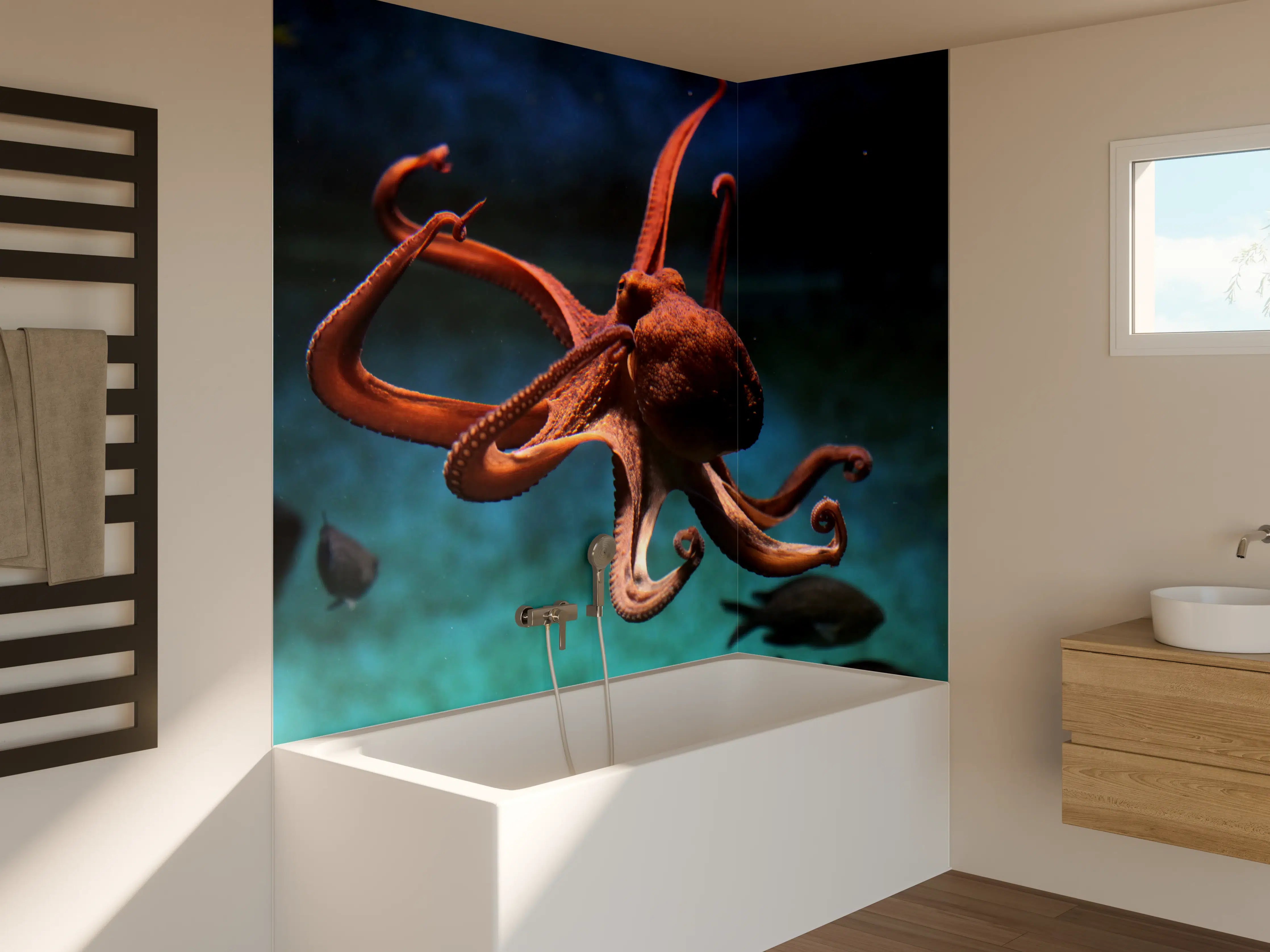 Badewannen-Rückwand - rötlicher Oktopus Unterwasser 