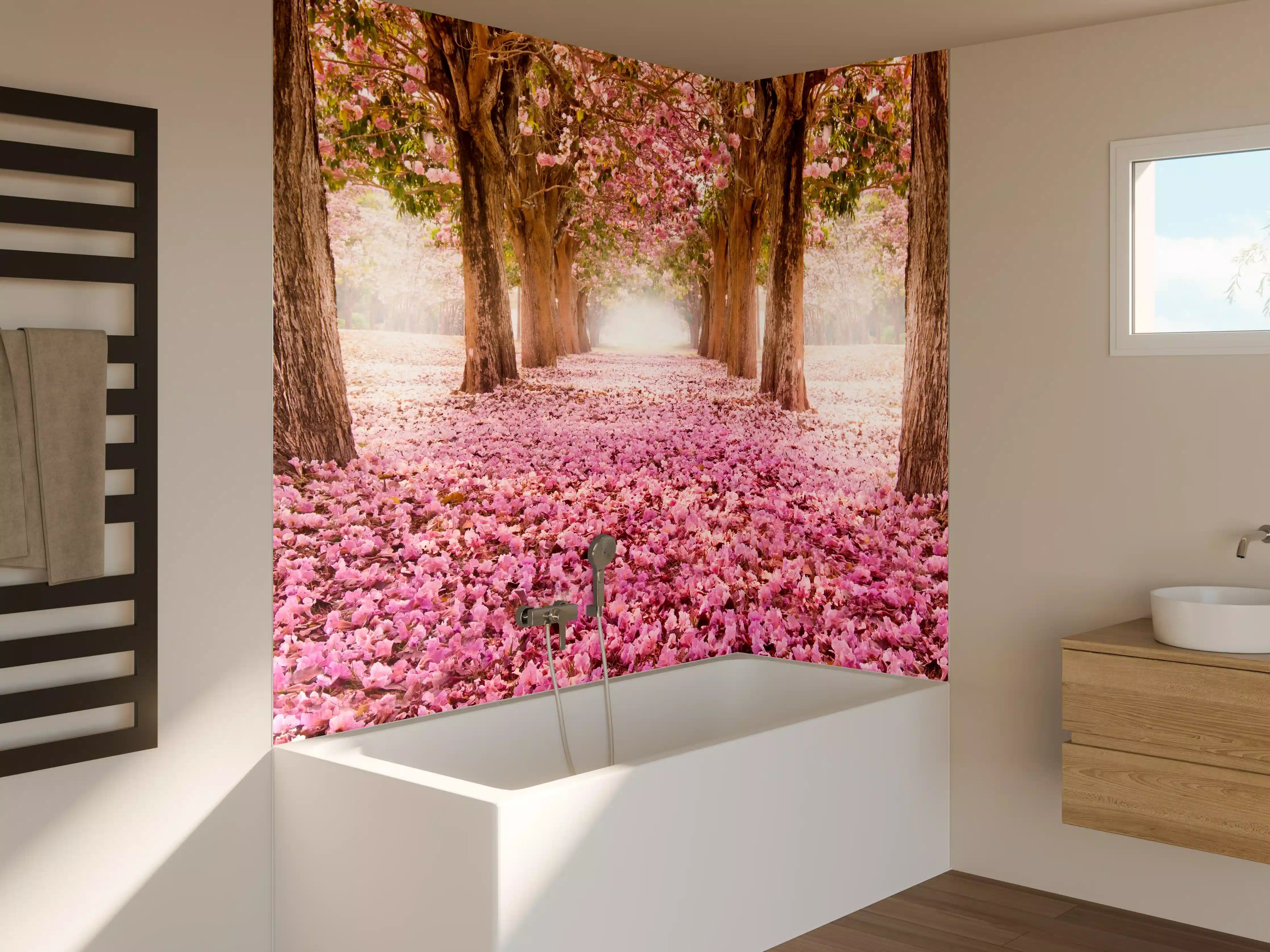 Badewannen-Rückwand - romantischer Weg aus Blüten im Wald