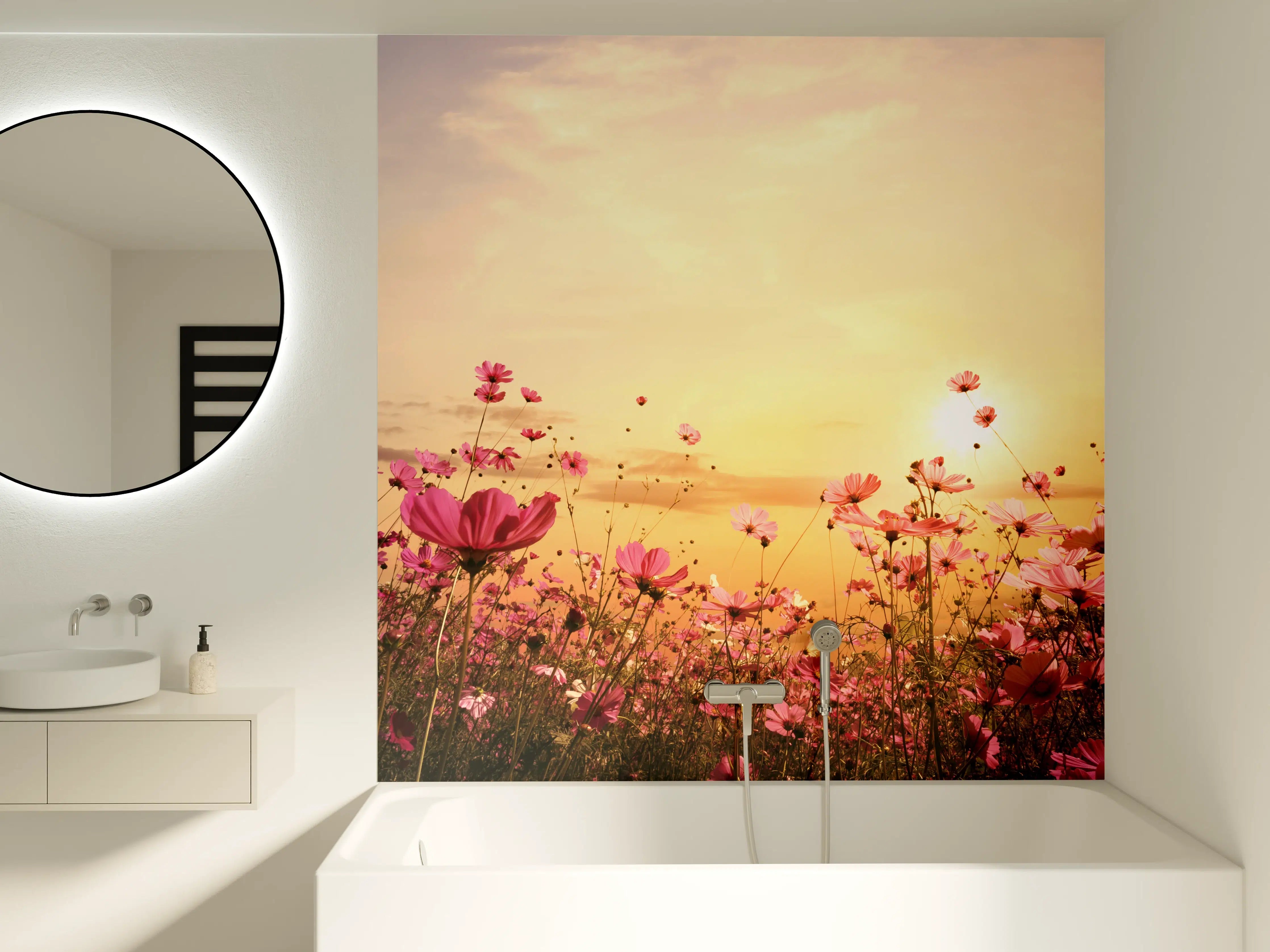 Badewannen-Rückwand - rosa Kosmosblumenfeld