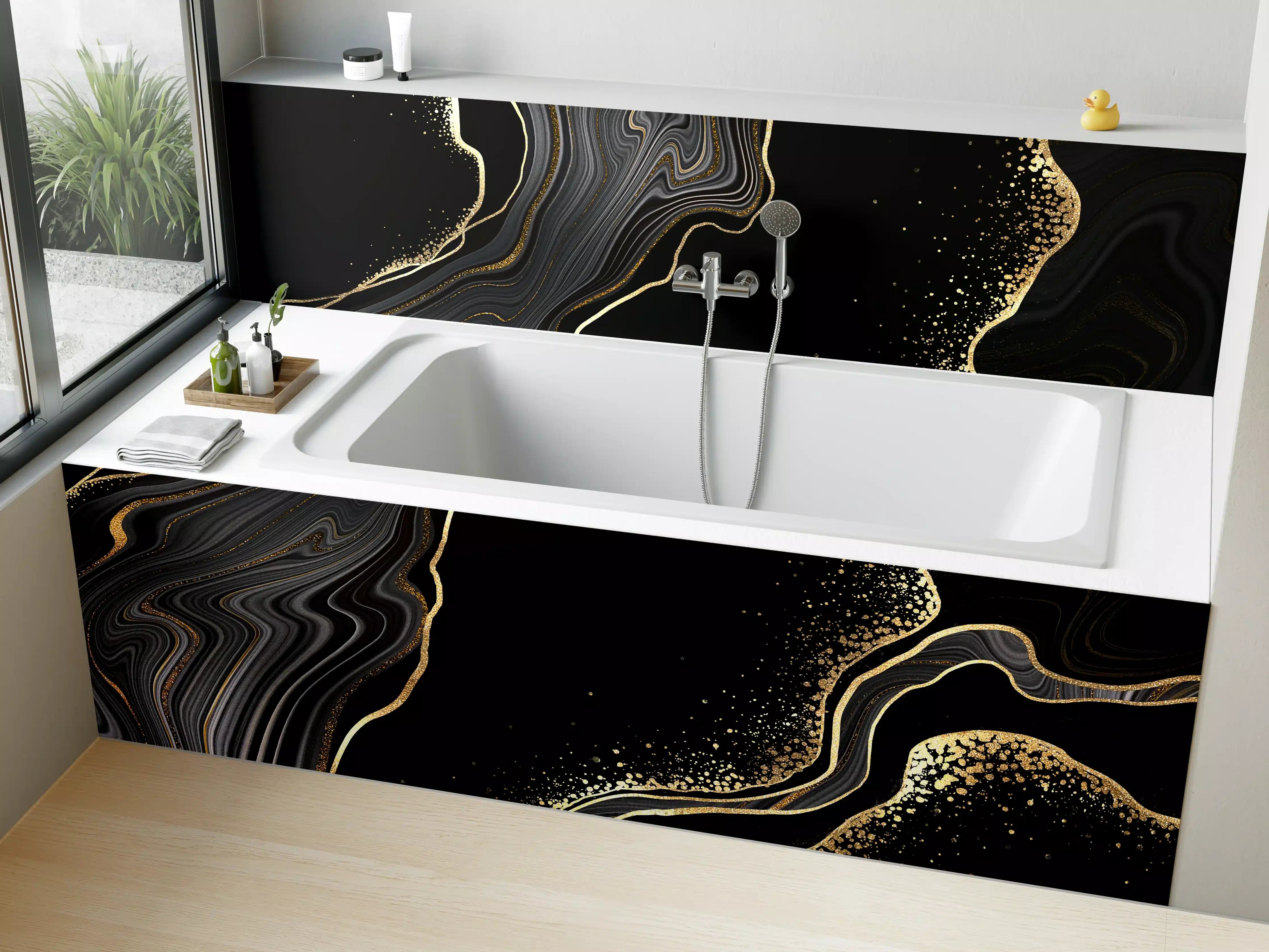 Badewannen-Rückwand - schwarzer Achat Hintergrund mit goldenen Adern