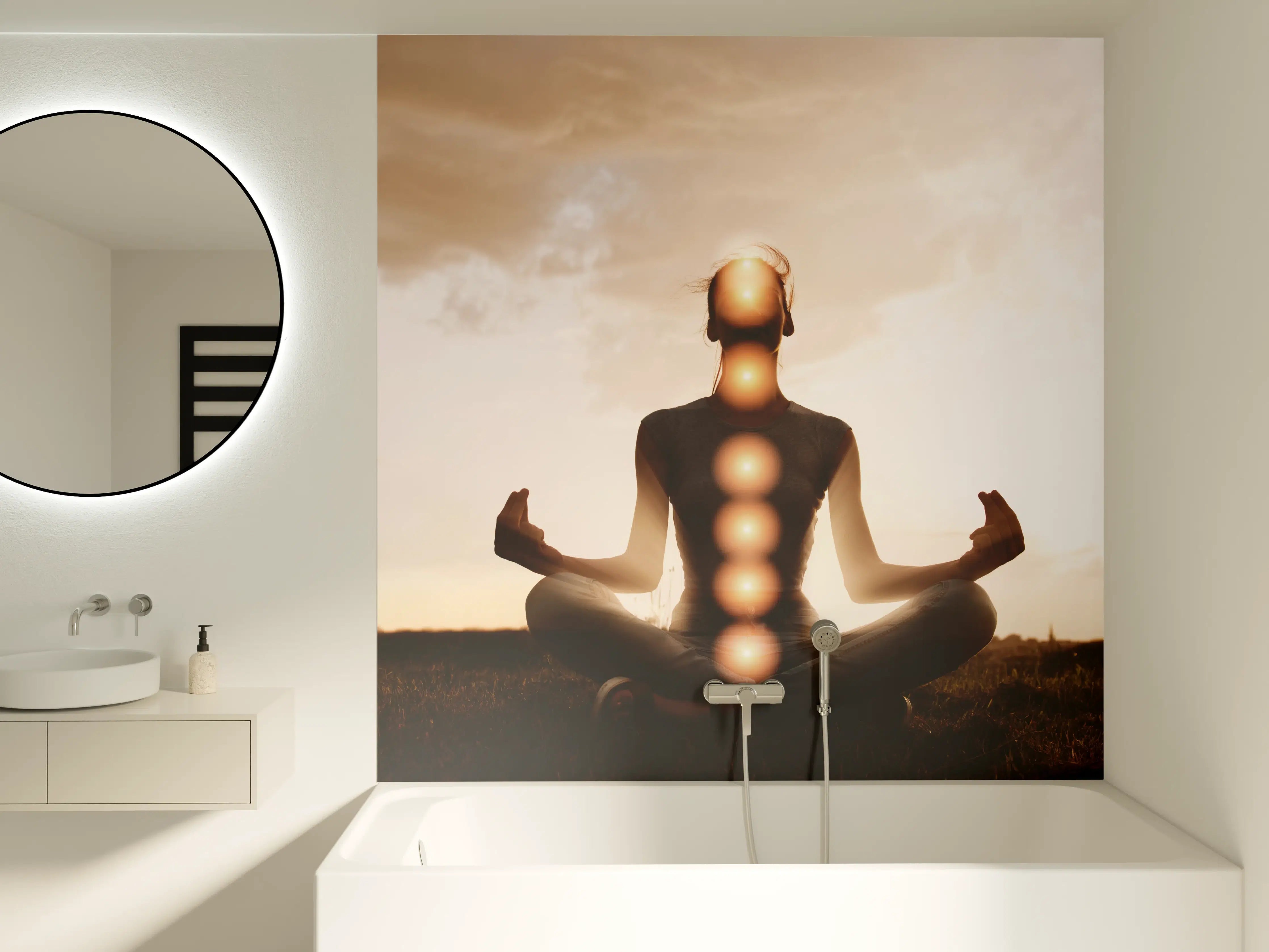 Badewannen-Rückwand - spirituelle Energie einer Frau beim Meditieren