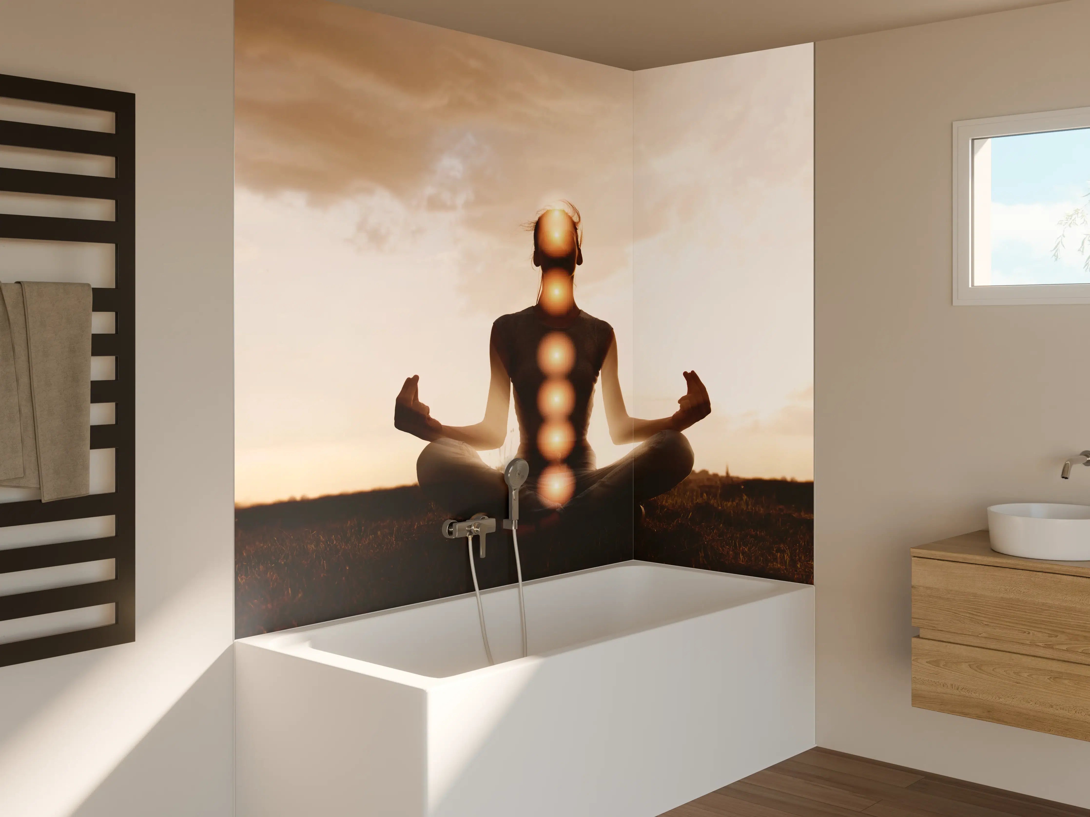 Badewannen-Rückwand - spirituelle Energie einer Frau beim Meditieren