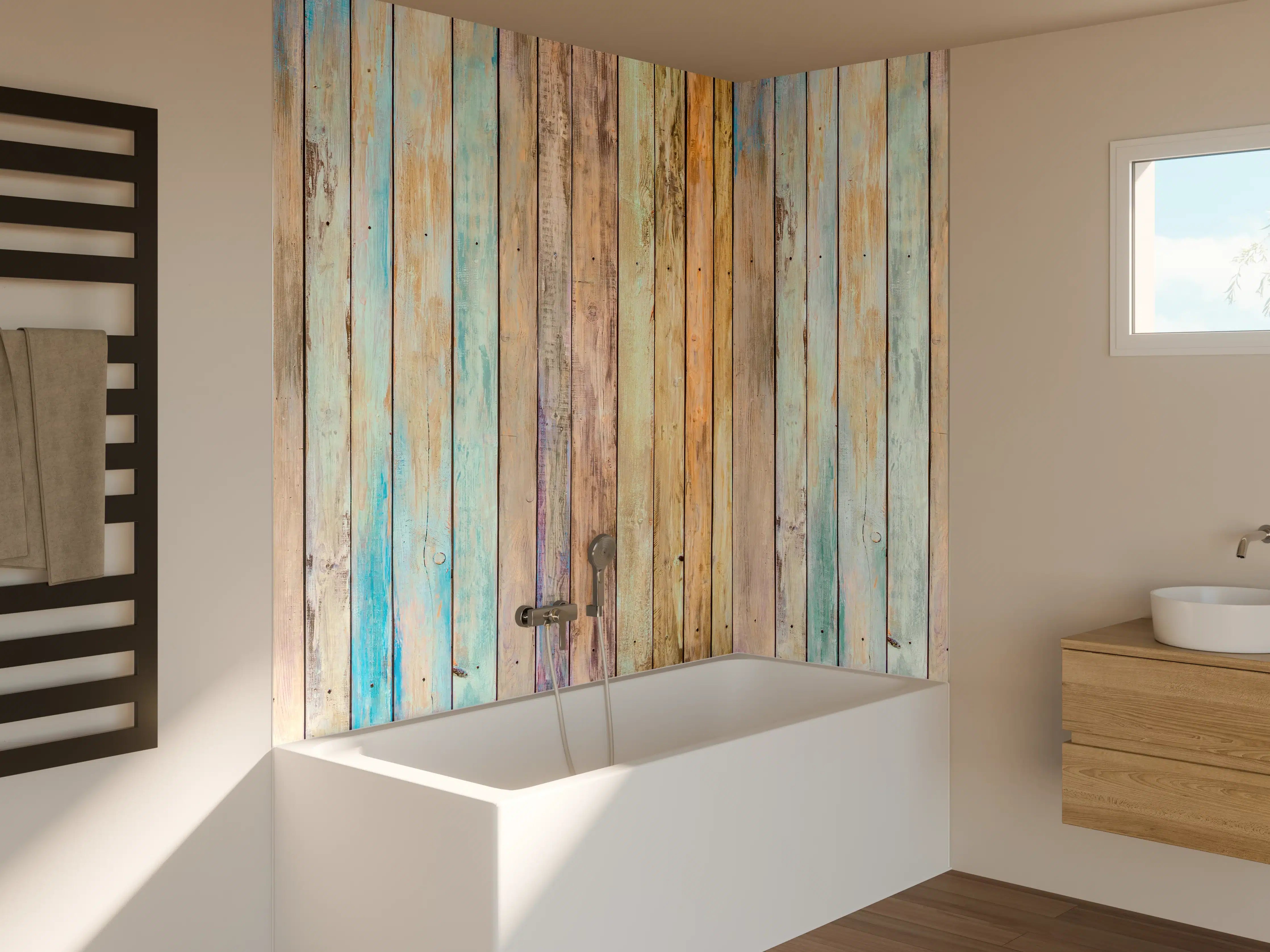Badewannen-Rückwand - vielfarbiger Hintergrund - alte Holzplanken