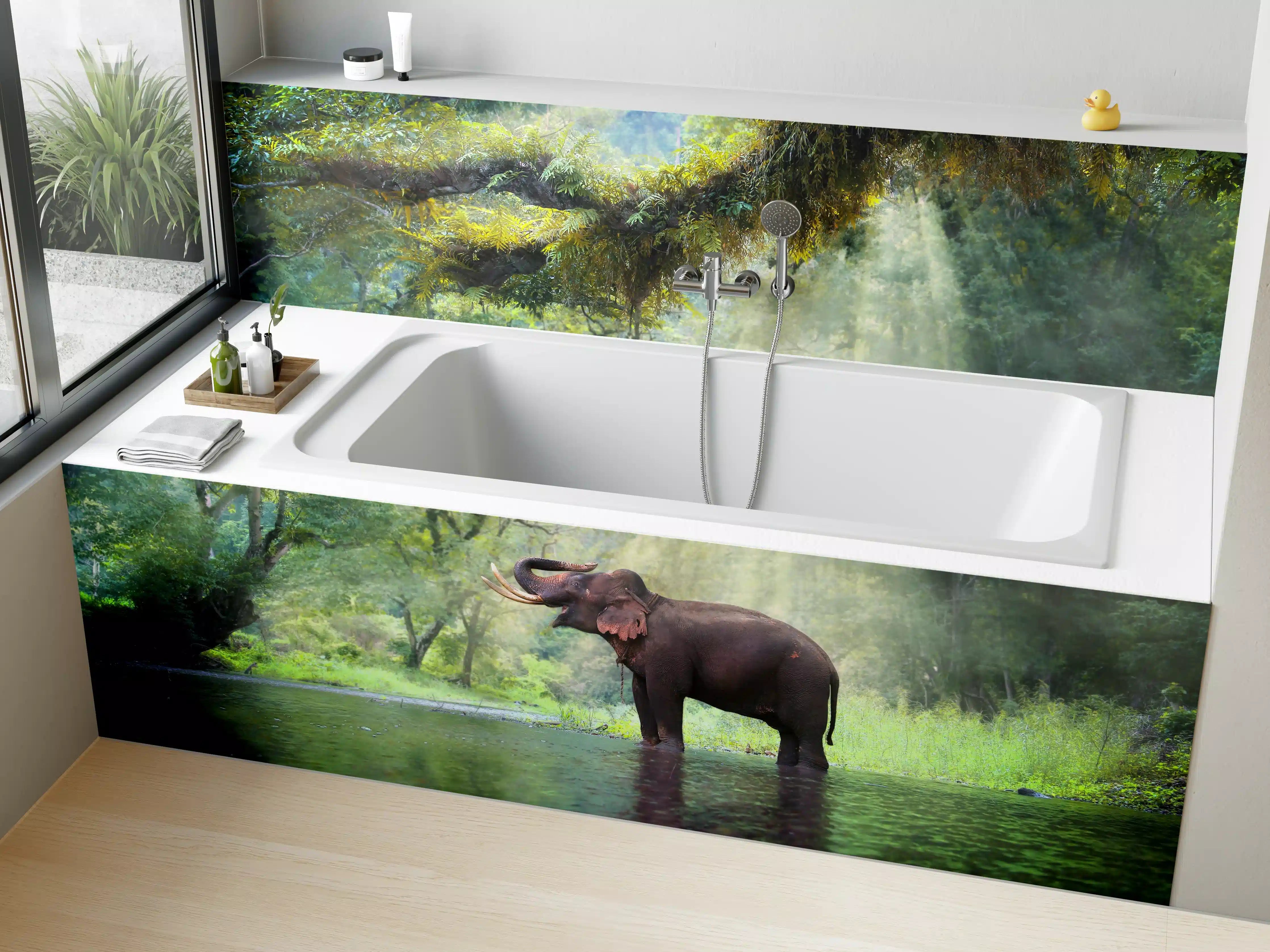 Badewannen-Rückwand - wilde Elefanten im Wald von Kanchanaburi 