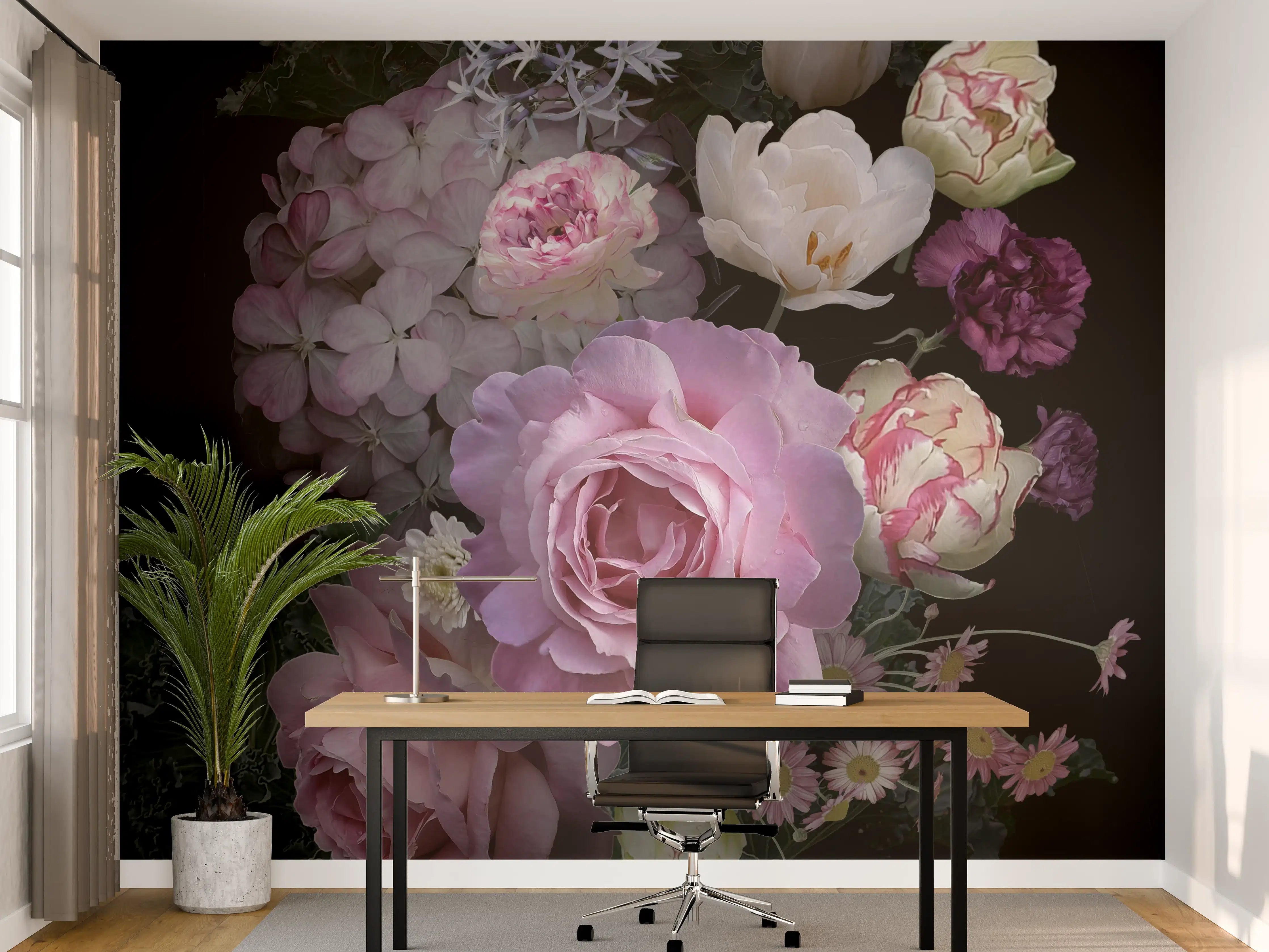 Büro Wandgestaltung -  Garten Blumen mit dunklem Hintergrund