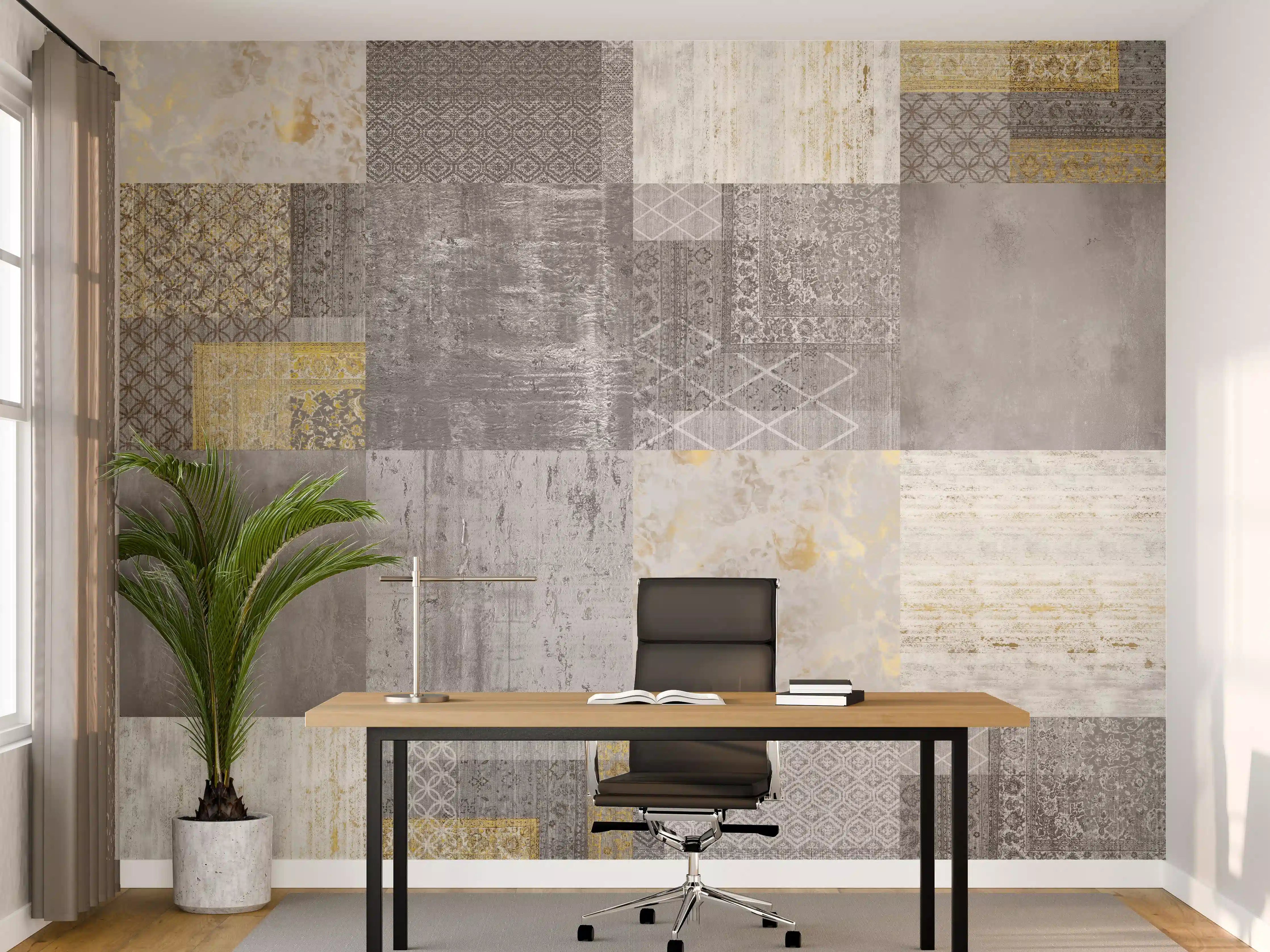 Büro Wandgestaltung -  gräulich gelbes Patchwork