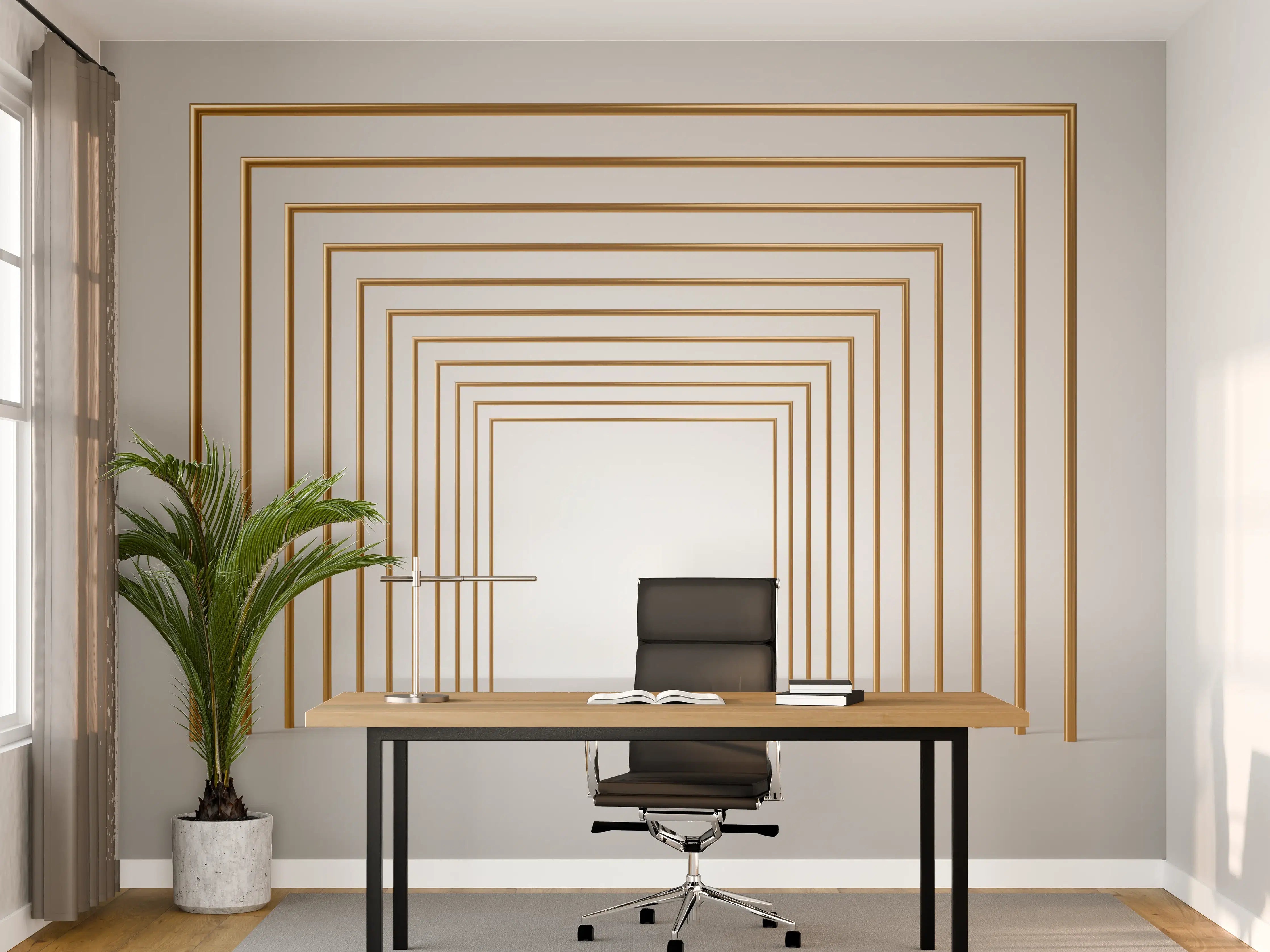 Büro Wandgestaltung - 3D-Design eines Tunnels mit vergoldeten Stangen