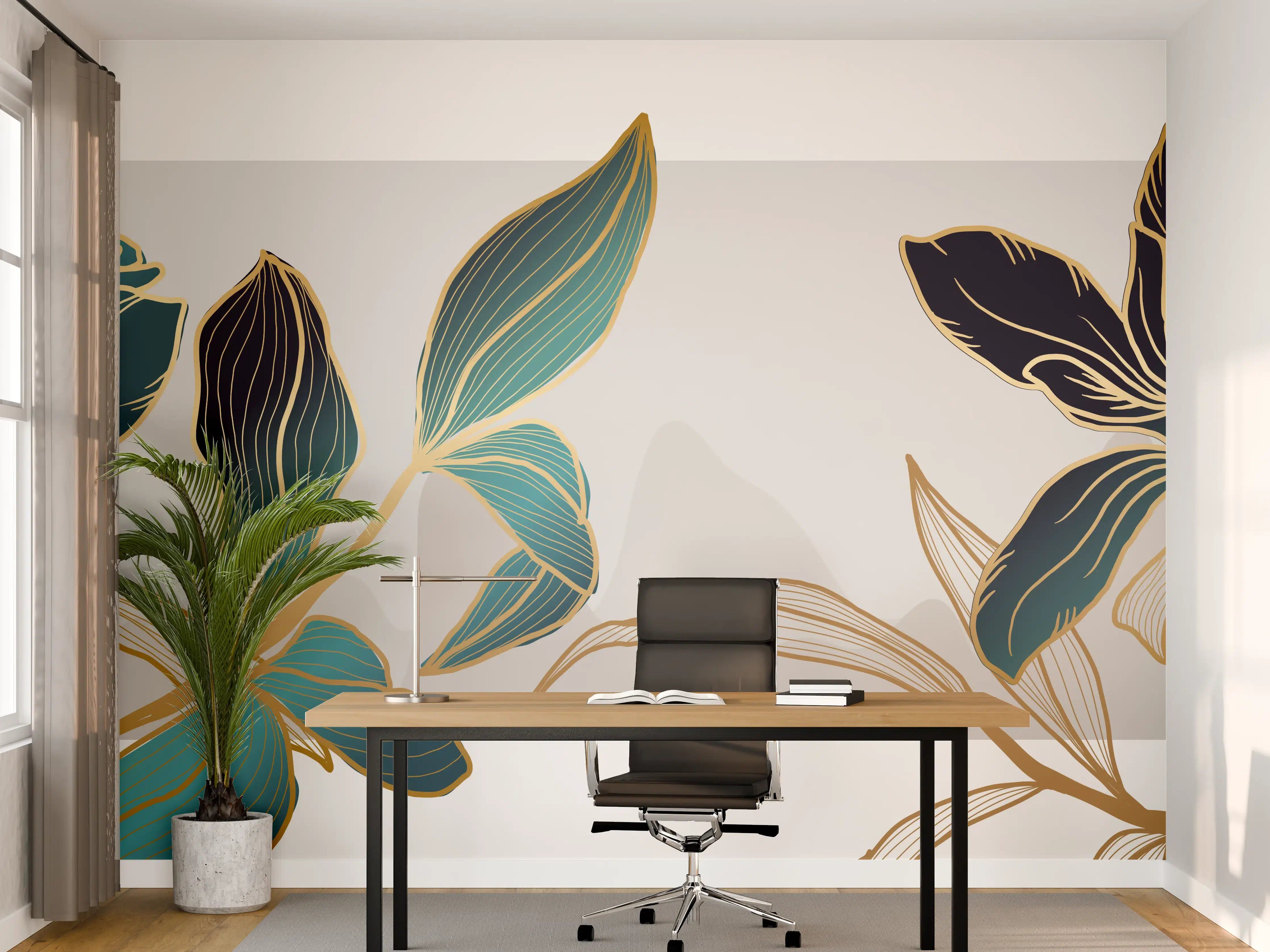 Büro Wandgestaltung - Abstrakte Blumen Gold-Blau Illustration
