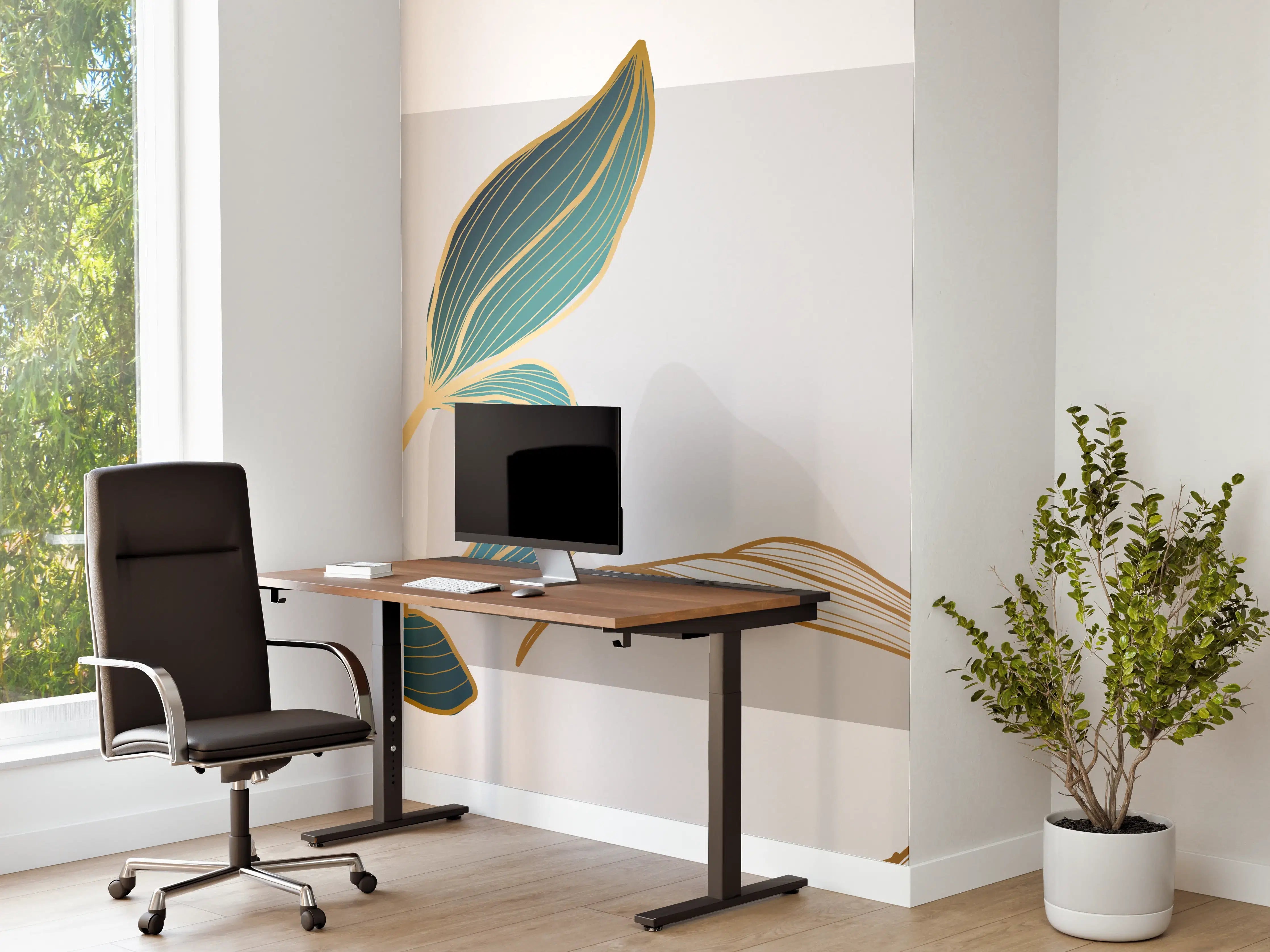 Büro Wandgestaltung - Abstrakte Blumen Gold-Blau Illustration
