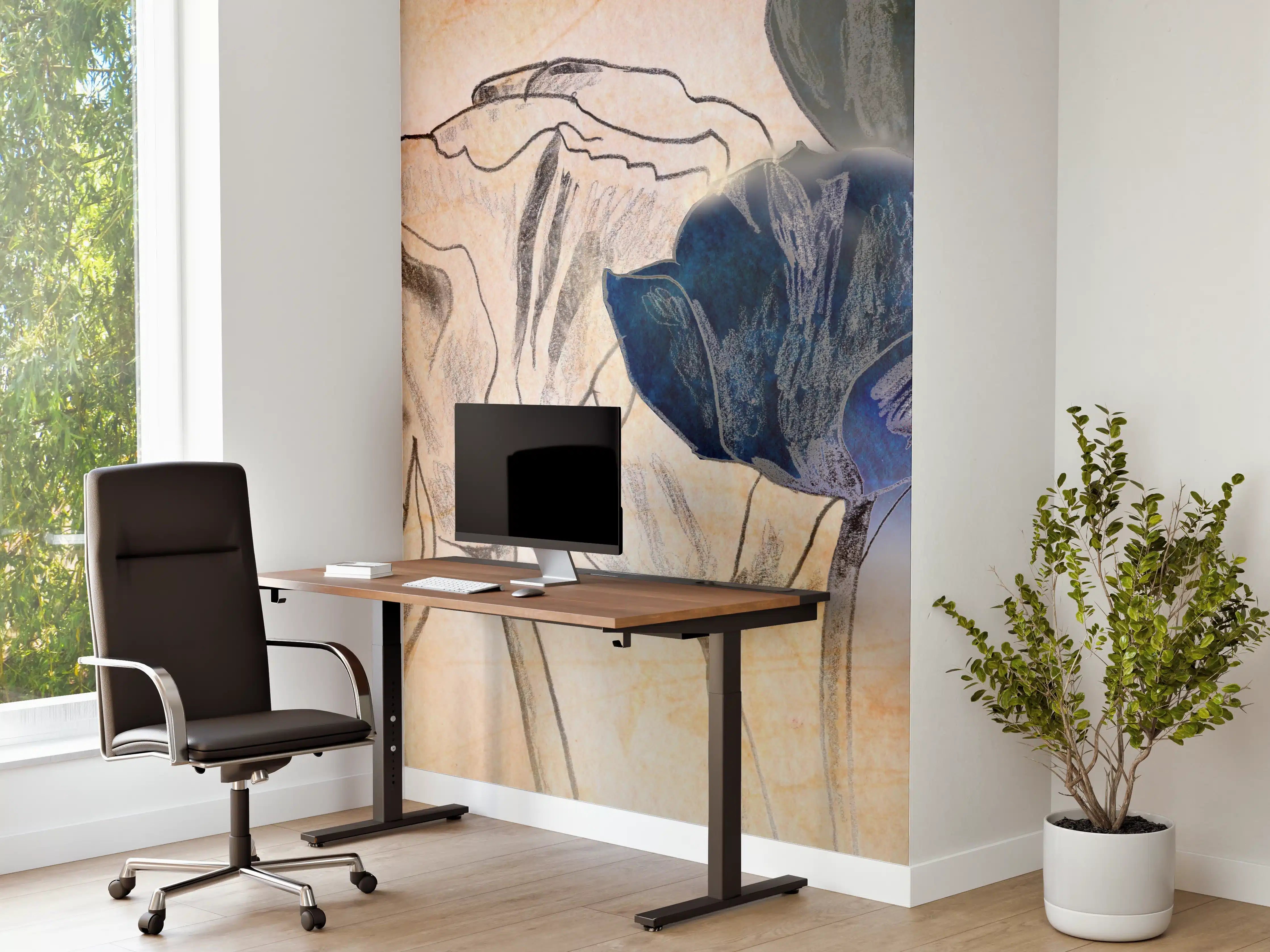 Büro Wandgestaltung - Abstrakte Blumen-Illustration mit Blau- und Beigetönen