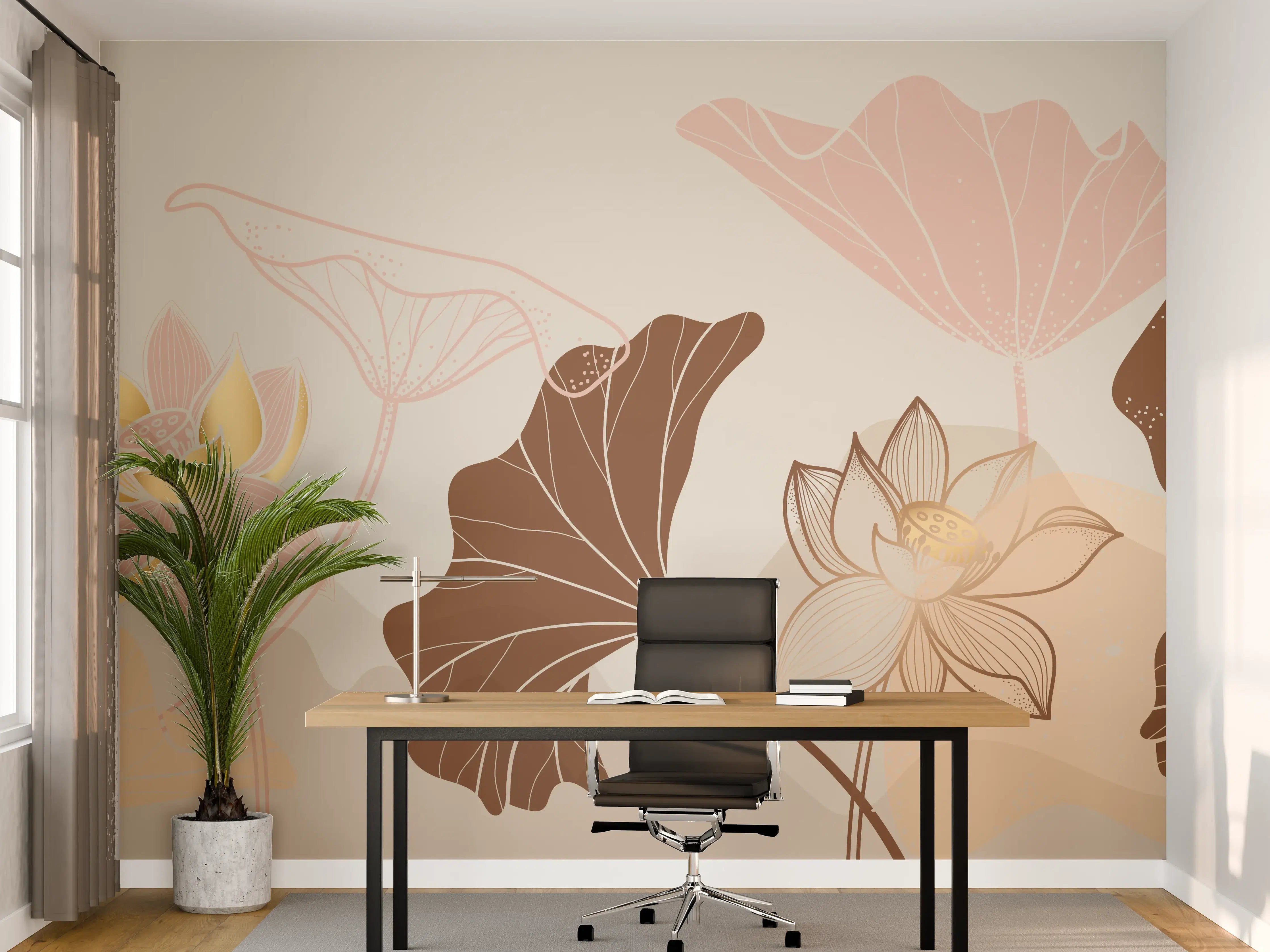 Büro Wandgestaltung - Abstrakte Blumen Zeichnung Beige