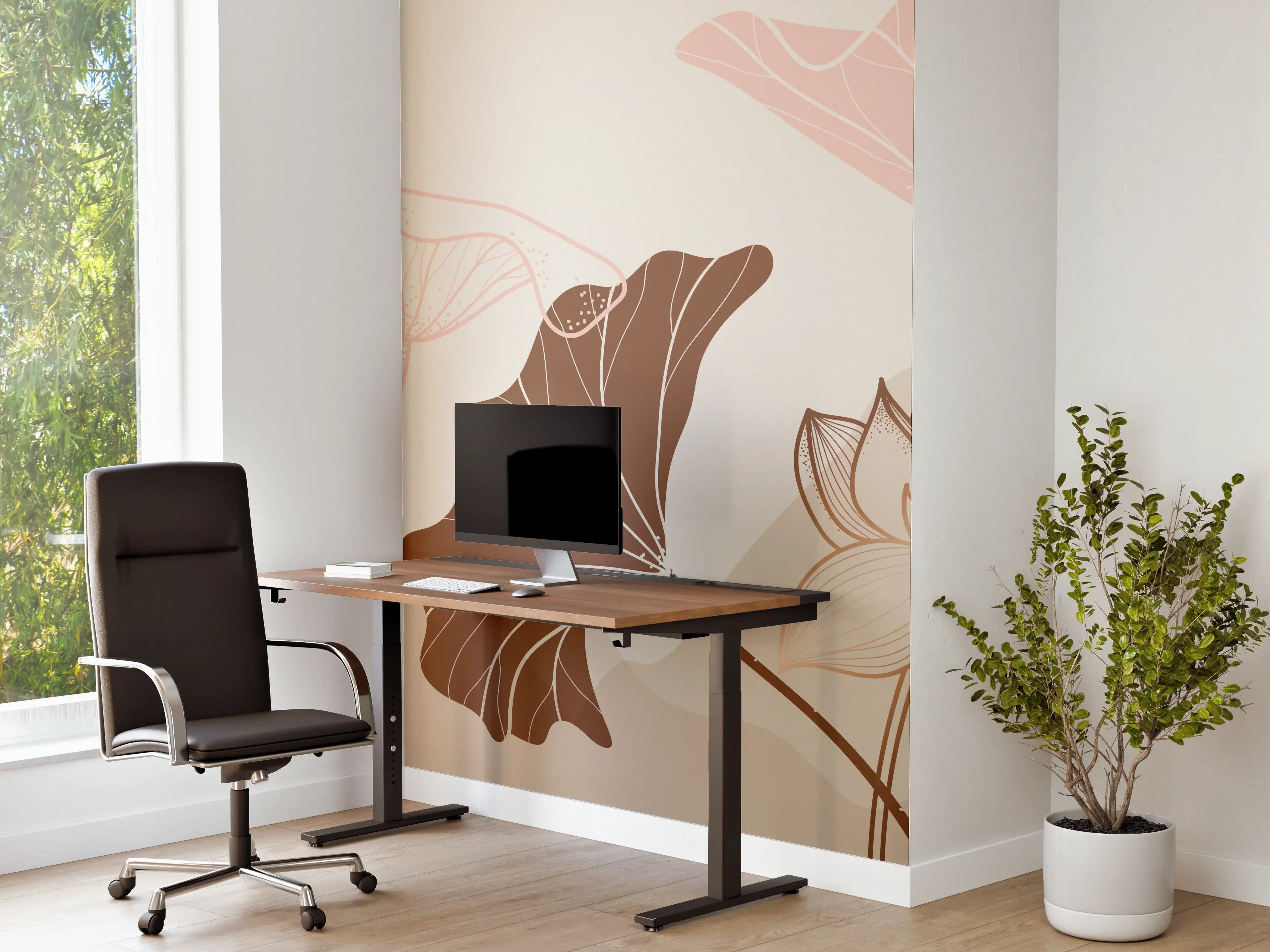 Büro Wandgestaltung - Abstrakte Blumen Zeichnung Beige