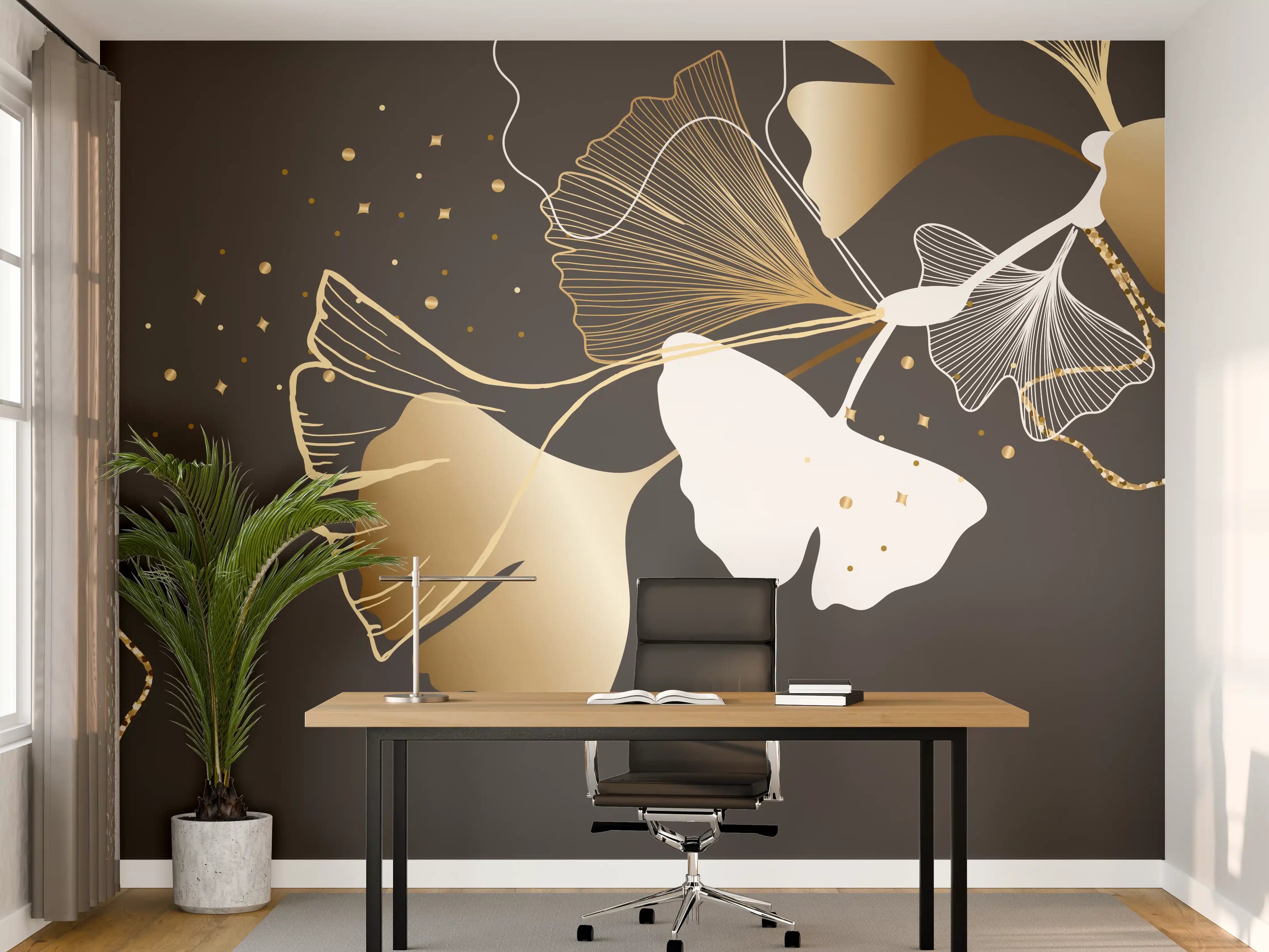Büro Wandgestaltung - Abstrakte Ginkgo Muster Gold Schwarz