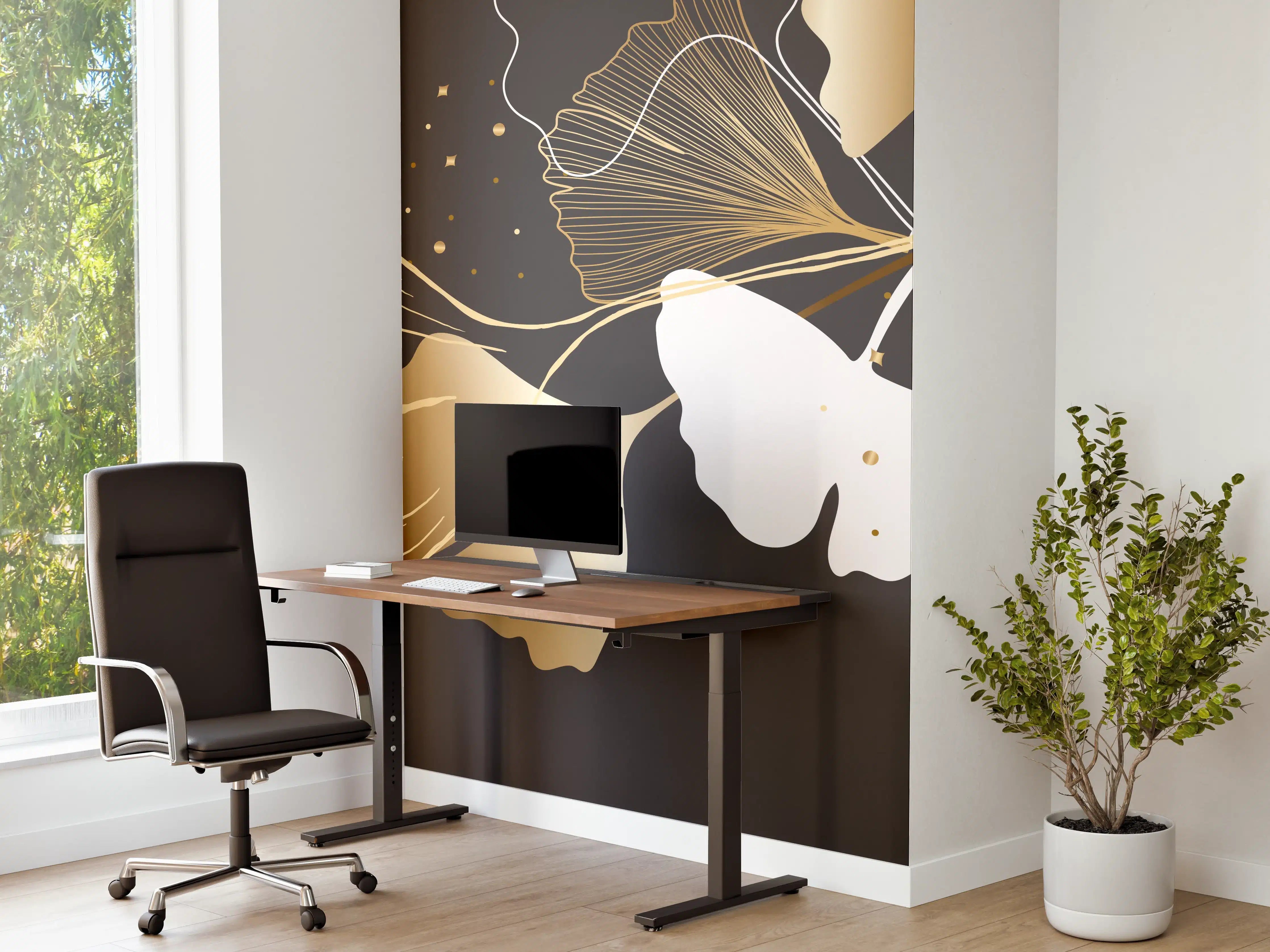 Büro Wandgestaltung - Abstrakte Ginkgo Muster Gold Schwarz