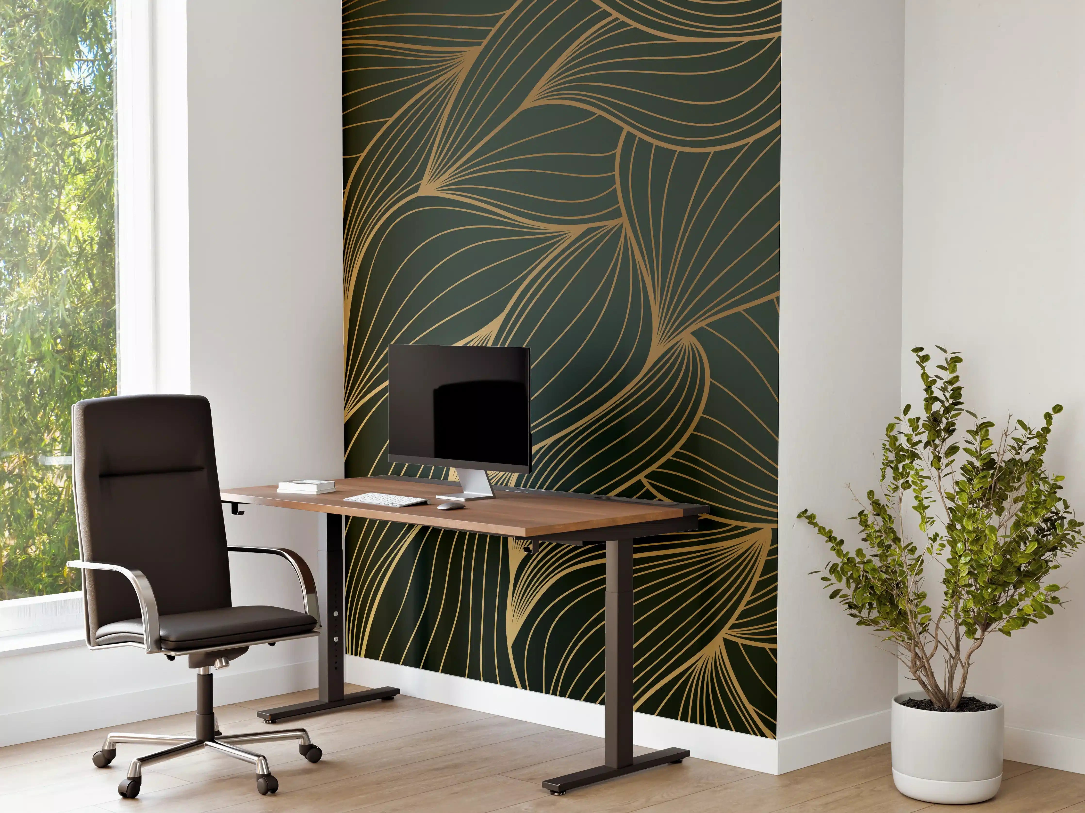Büro Wandgestaltung - Abstrakte Gold-Grün-Wellenmuster