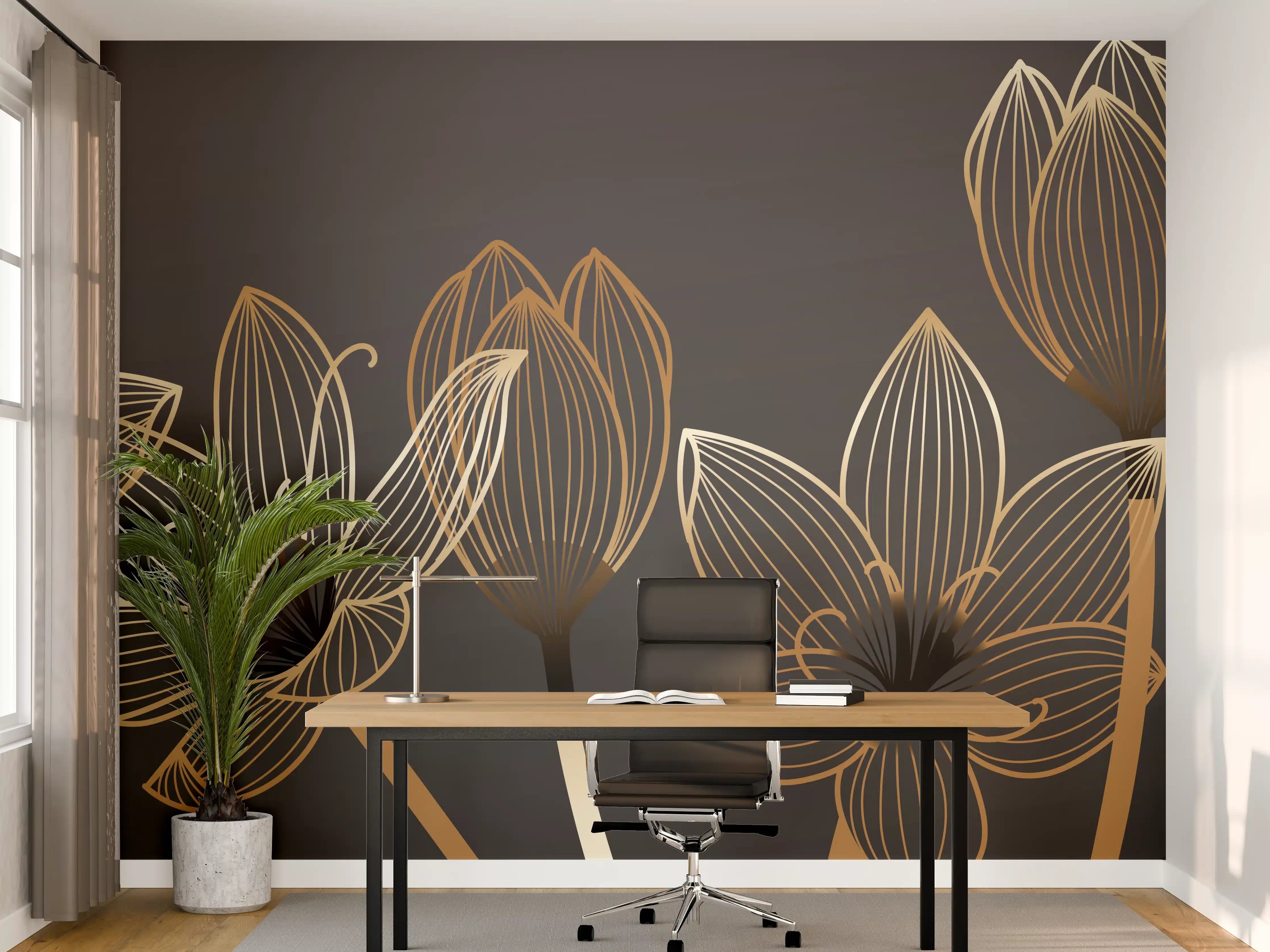 Büro Wandgestaltung - Abstrakte Gold-Schwarz Blumen Linienart