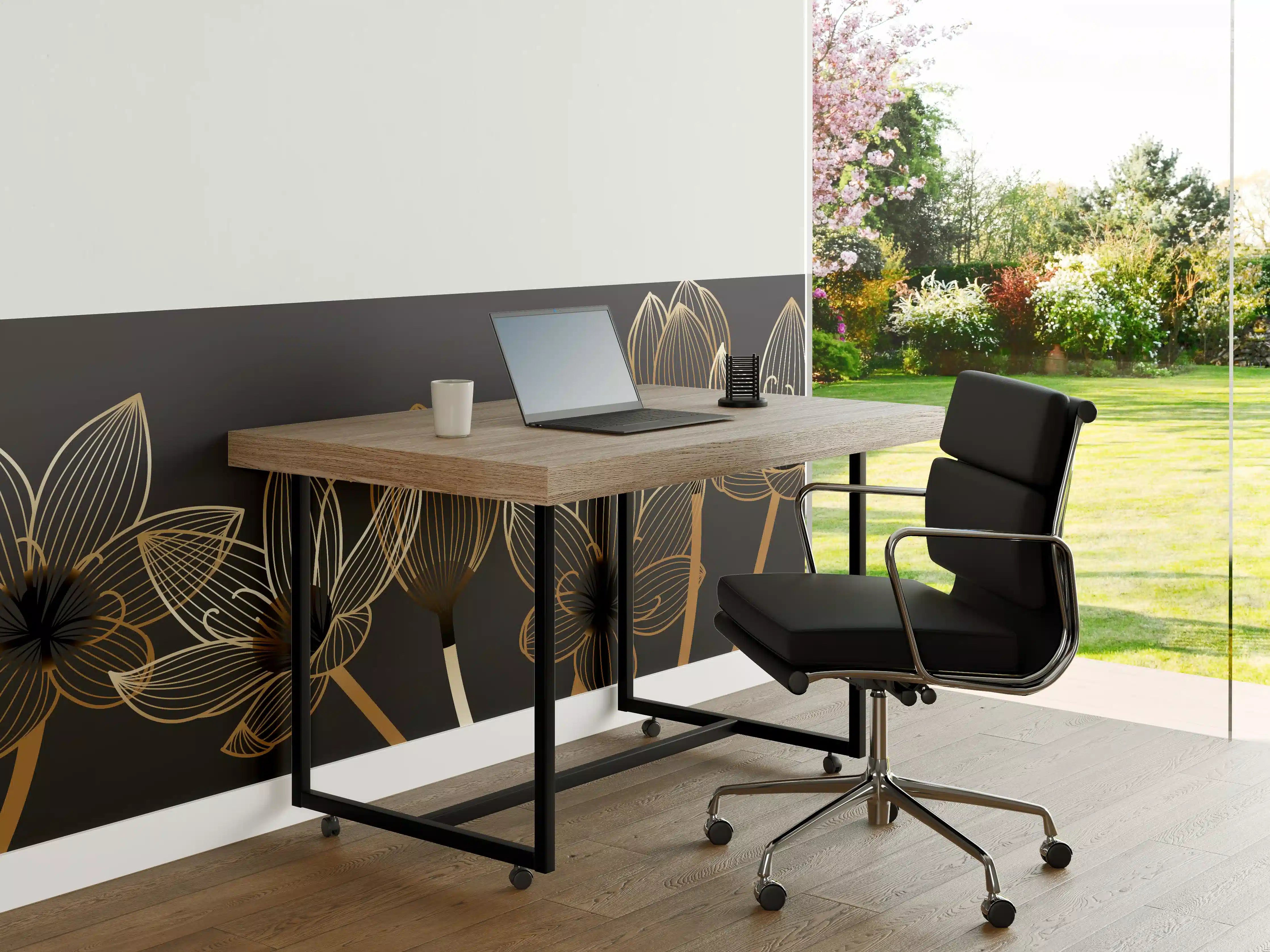 Büro Wandgestaltung - Abstrakte Gold-Schwarz Blumen Linienart