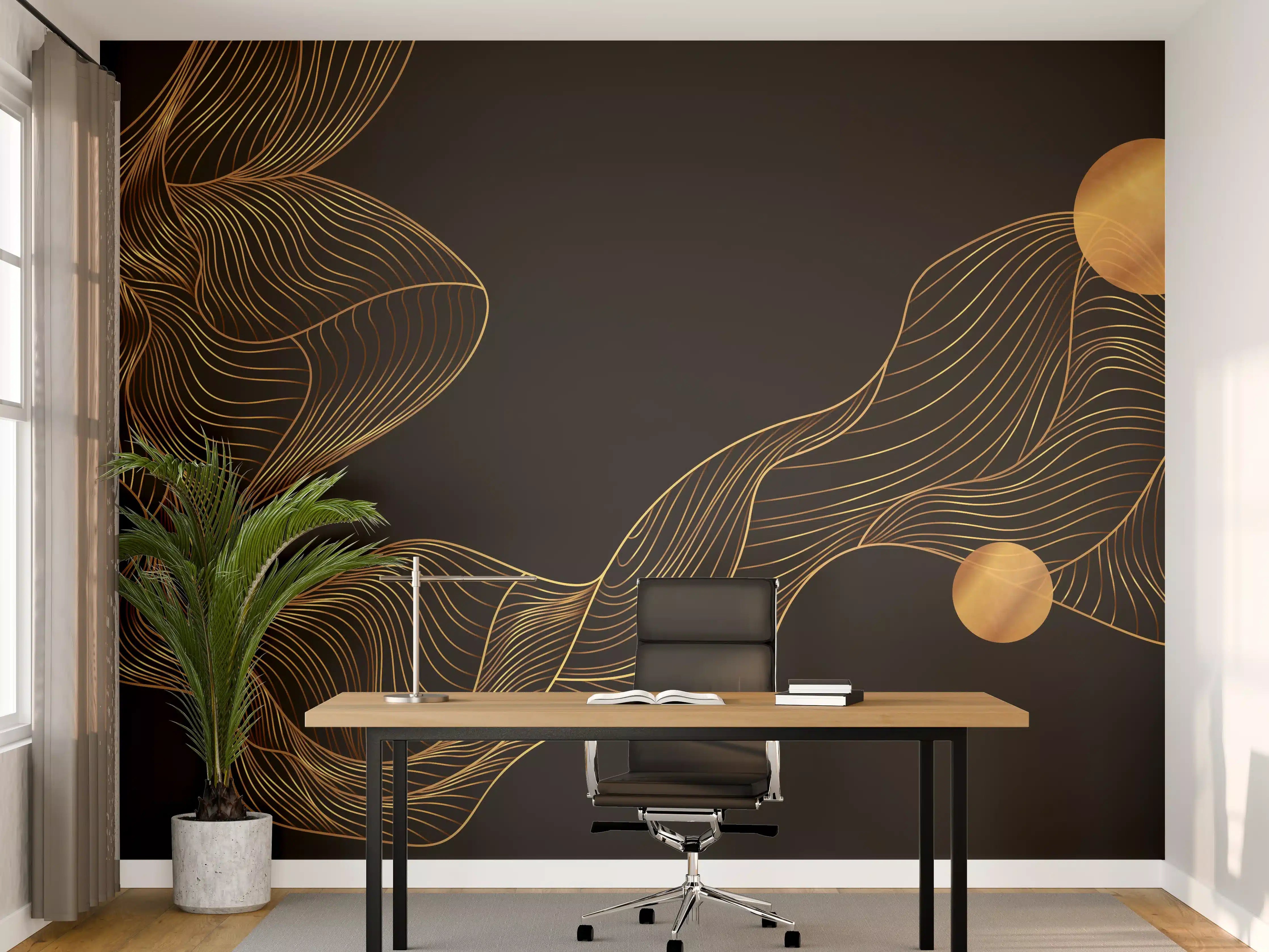 Büro Wandgestaltung - Abstrakte Gold-Schwarz Linienkunst