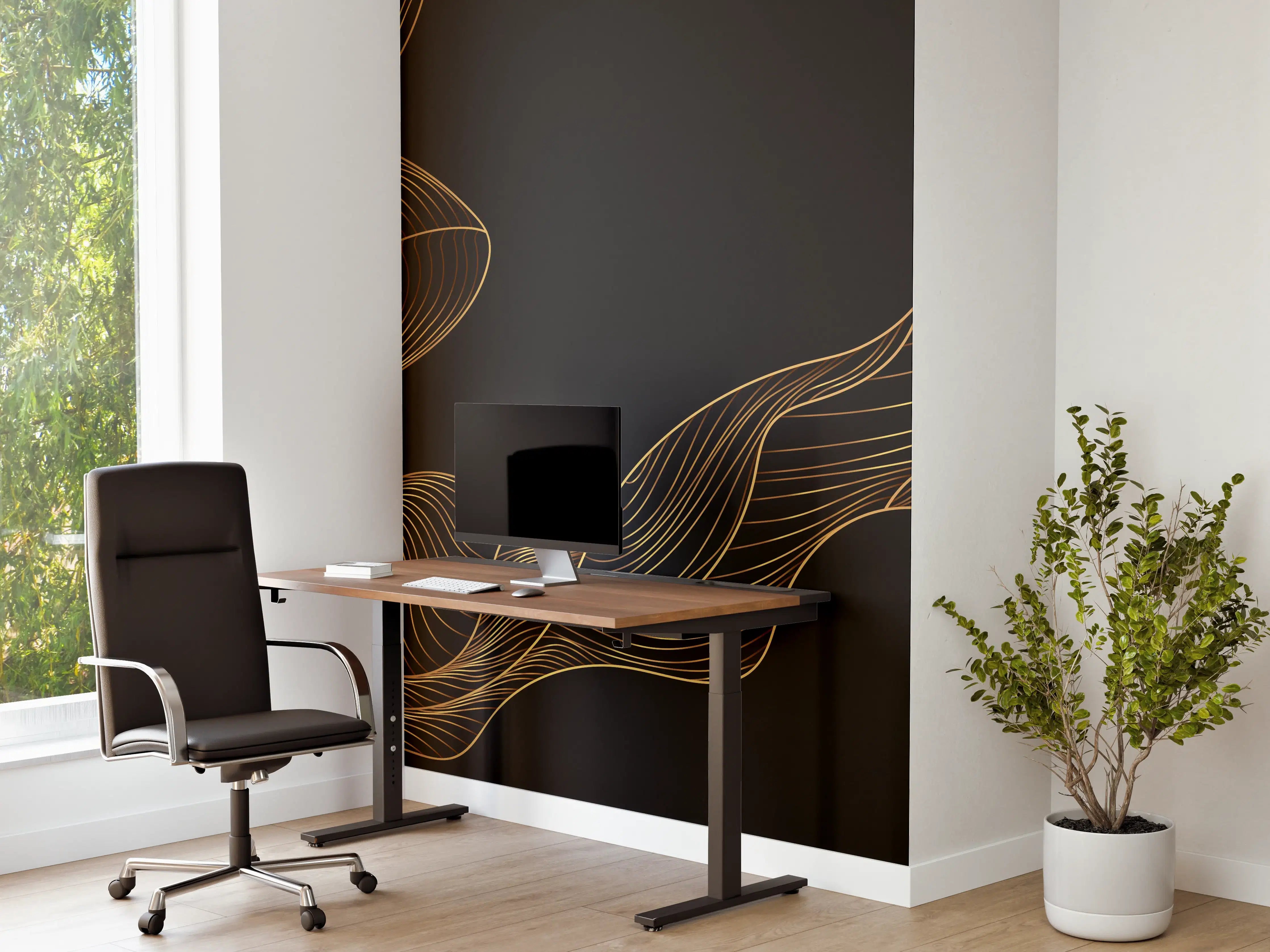 Büro Wandgestaltung - Abstrakte Gold-Schwarz Linienkunst