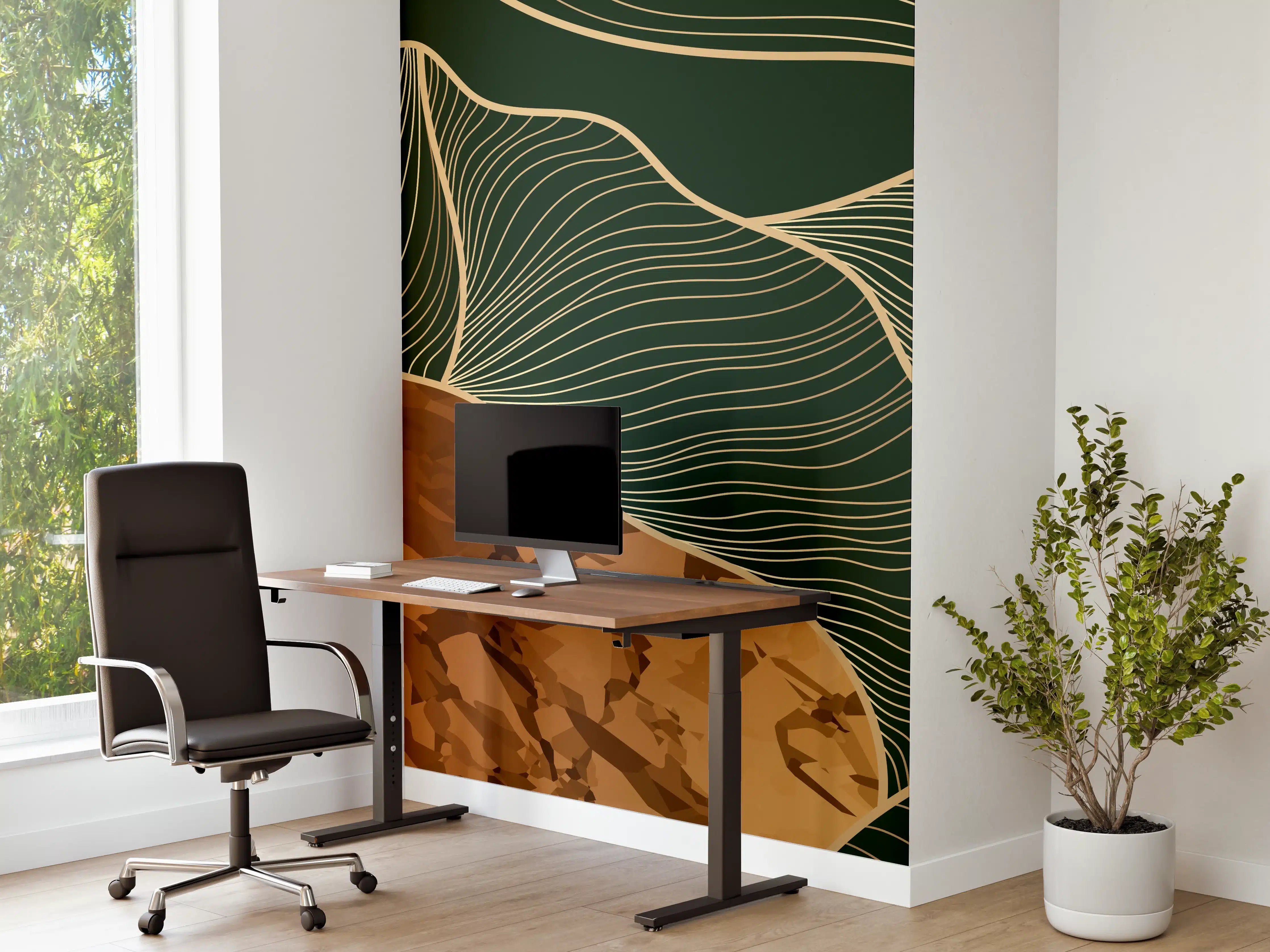 Büro Wandgestaltung - Abstrakte Goldgrün Konturlinien