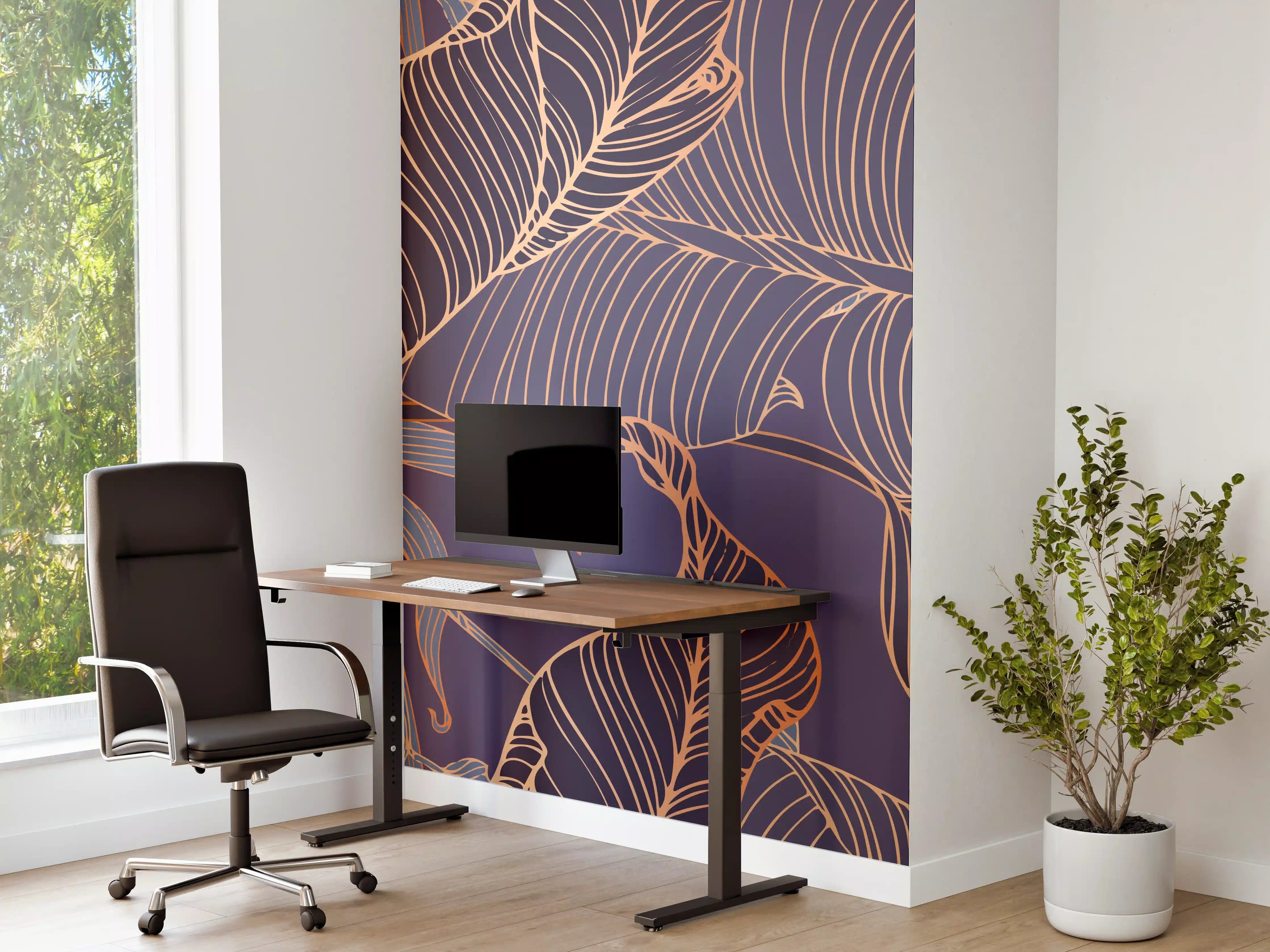Büro Wandgestaltung - Abstrakte Lila-Goldene Blattmuster
