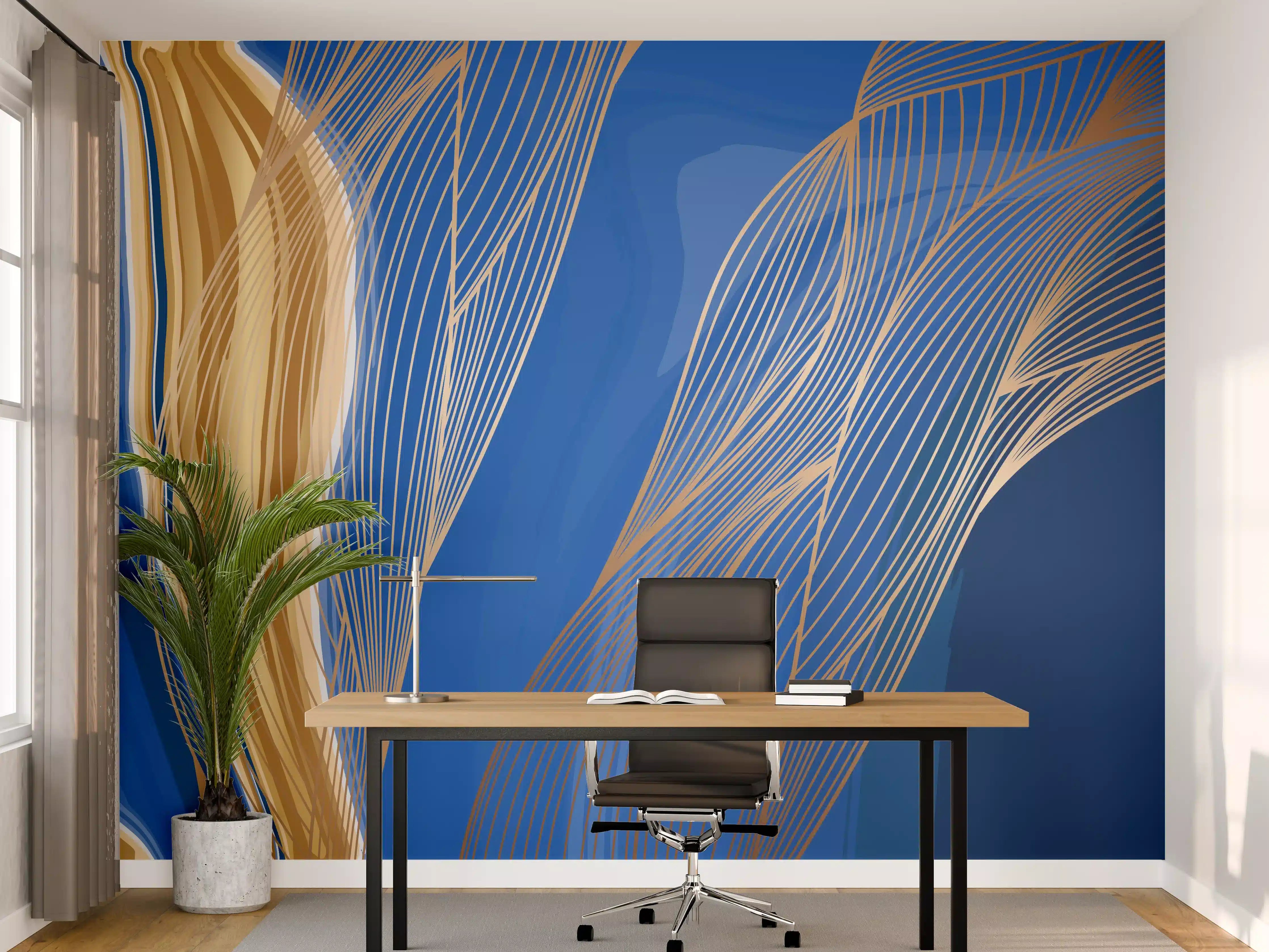 Büro Wandgestaltung - Abstrakte Linienkunst in Blau-Gold