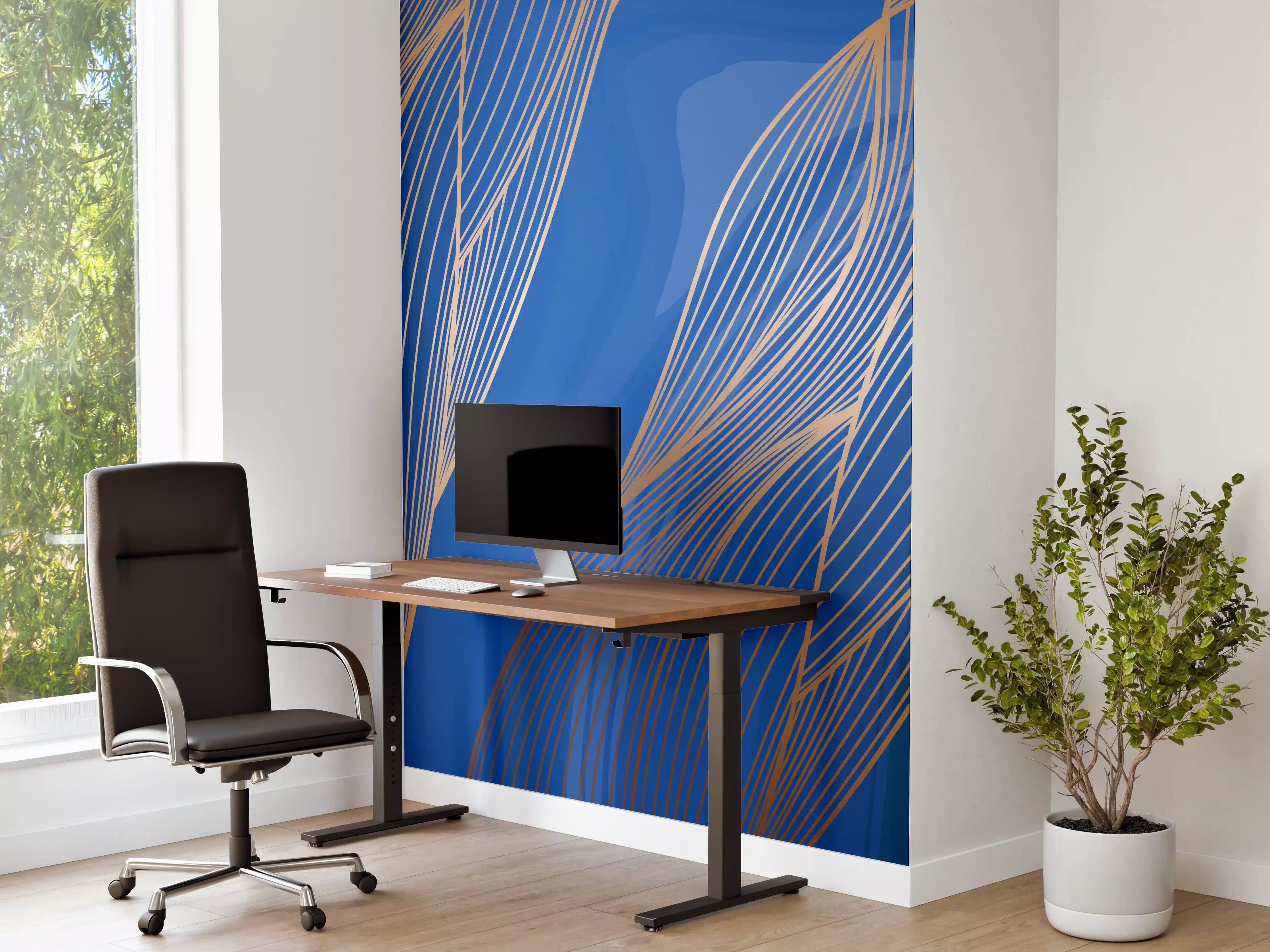 Büro Wandgestaltung - Abstrakte Linienkunst in Blau-Gold