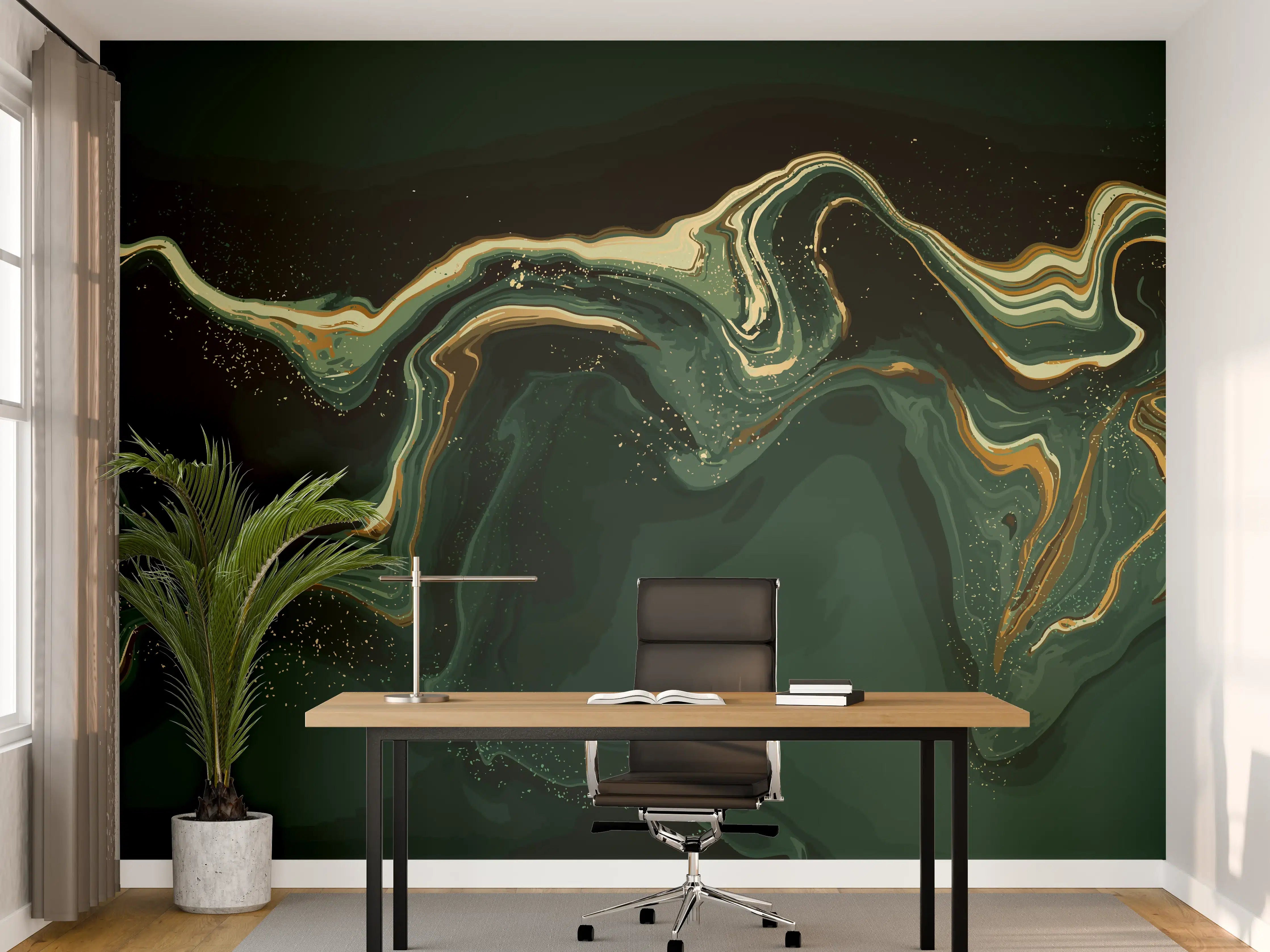 Büro Wandgestaltung - Abstrakte Marmortextur in Goldgrün