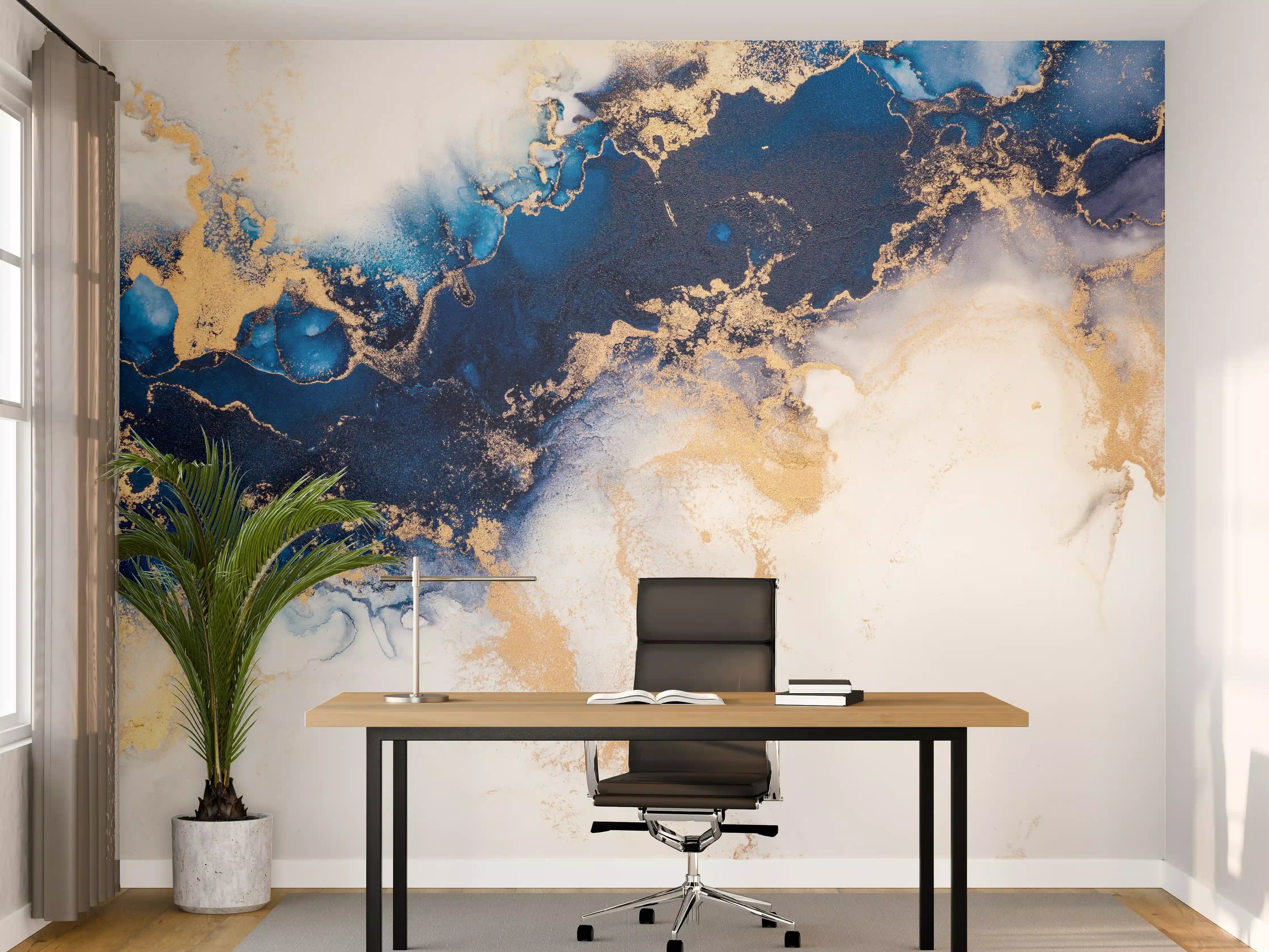 Büro Wandgestaltung - Abstrakte Marmortinte in Blau-Gold