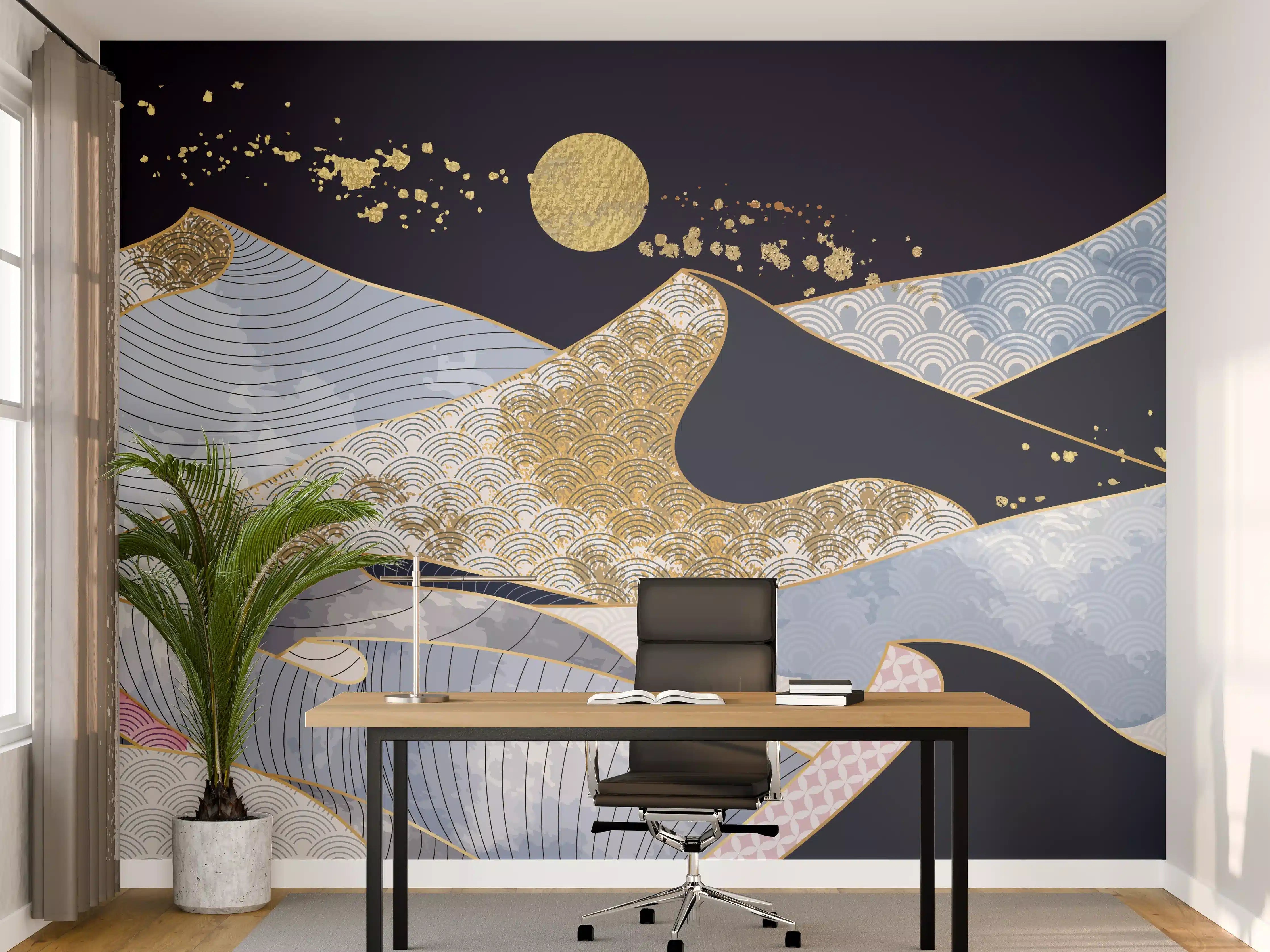 Büro Wandgestaltung - Abstrakte Wellen Gold Blau