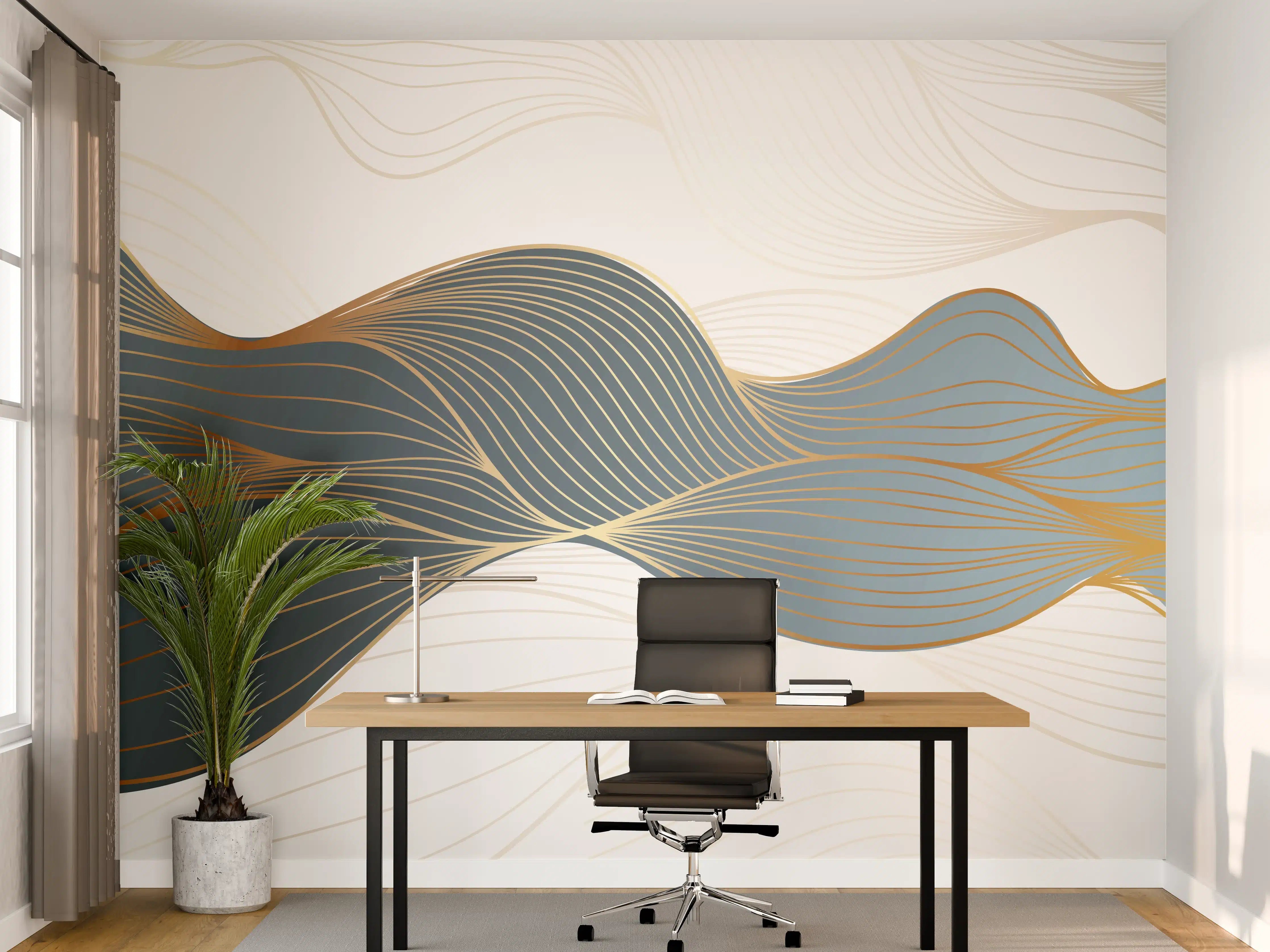 Büro Wandgestaltung - Abstrakte Wellenlinien Gold Blau